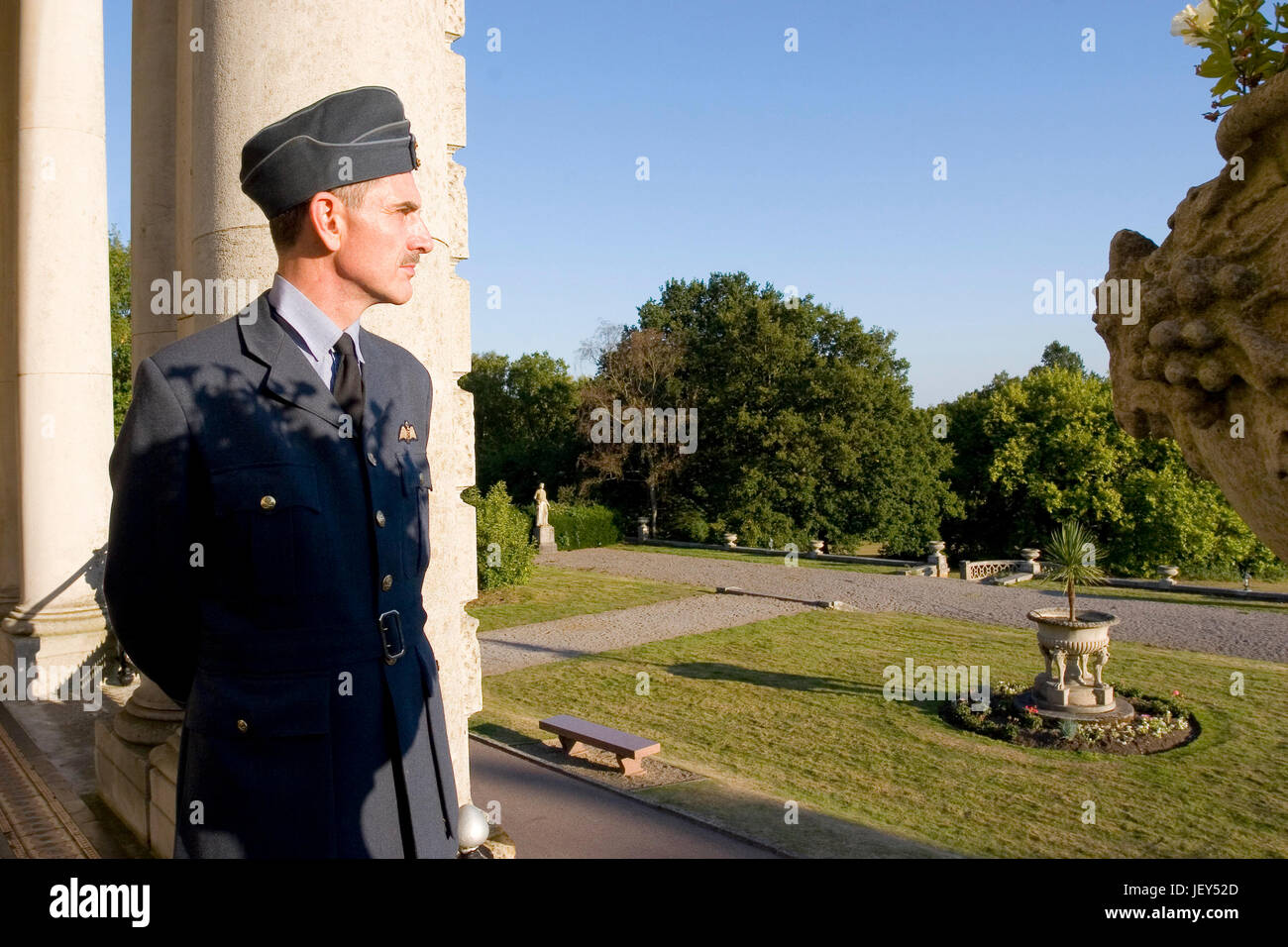Air Chief Marshal Sir Hugh Dowding looks across London from his Balcony at Bentley Priory in 1940 accurate re-enactment Ops3945 Stock Photo