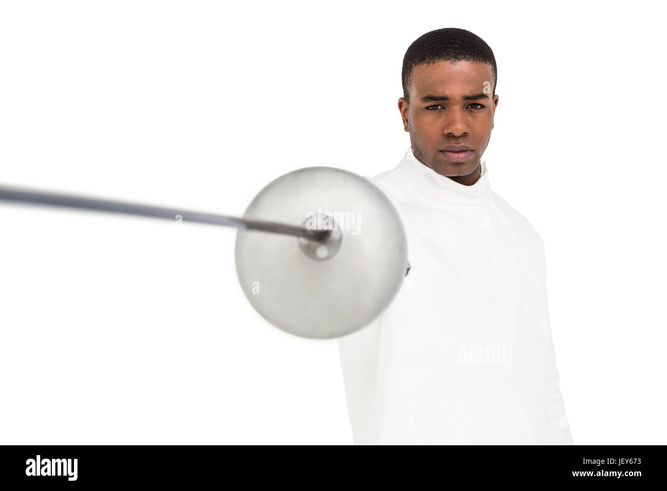 Swordsman practicing with fencing sword Stock Photo