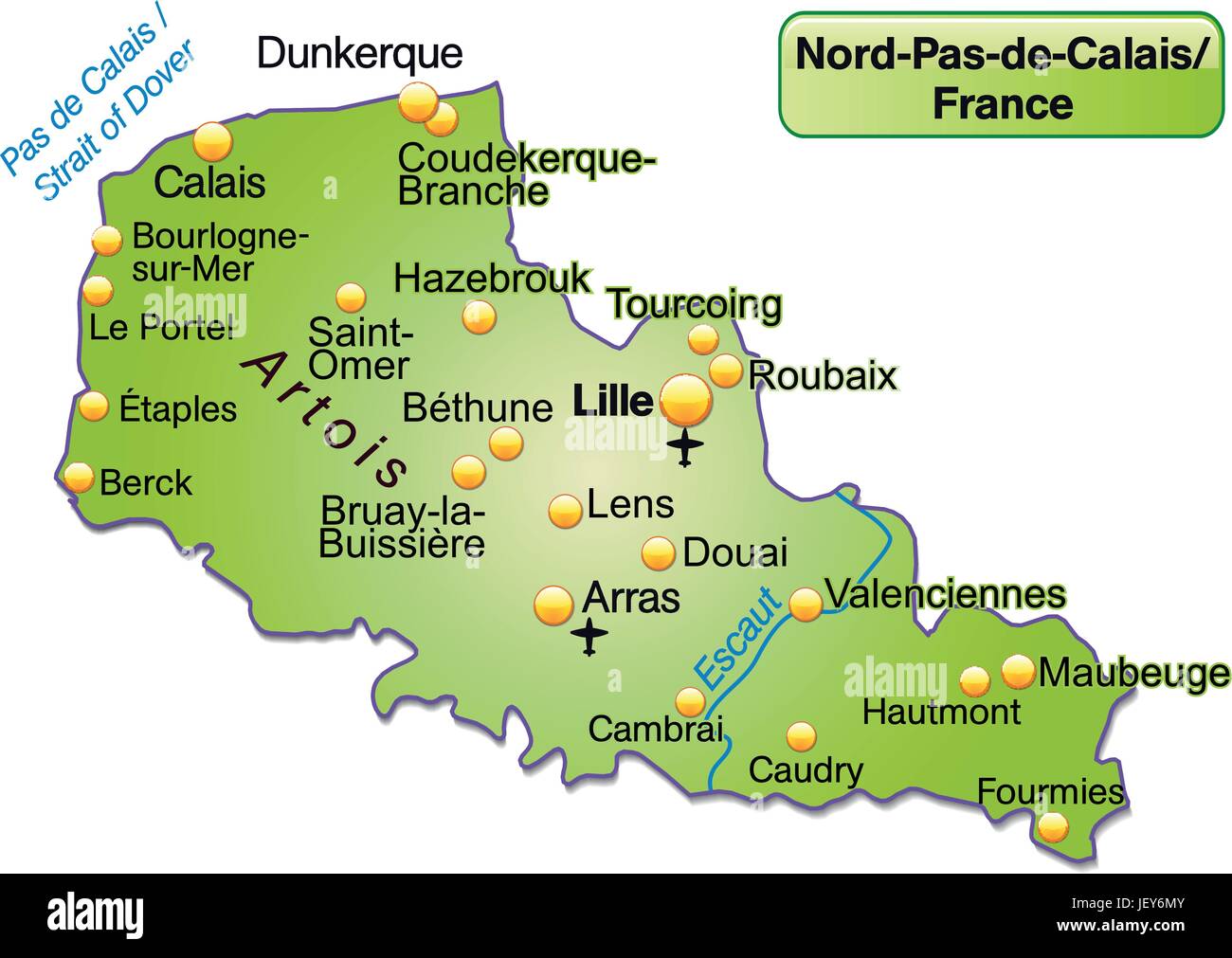 island map of nord-pas-de-calais as an overview map in green Stock Vector