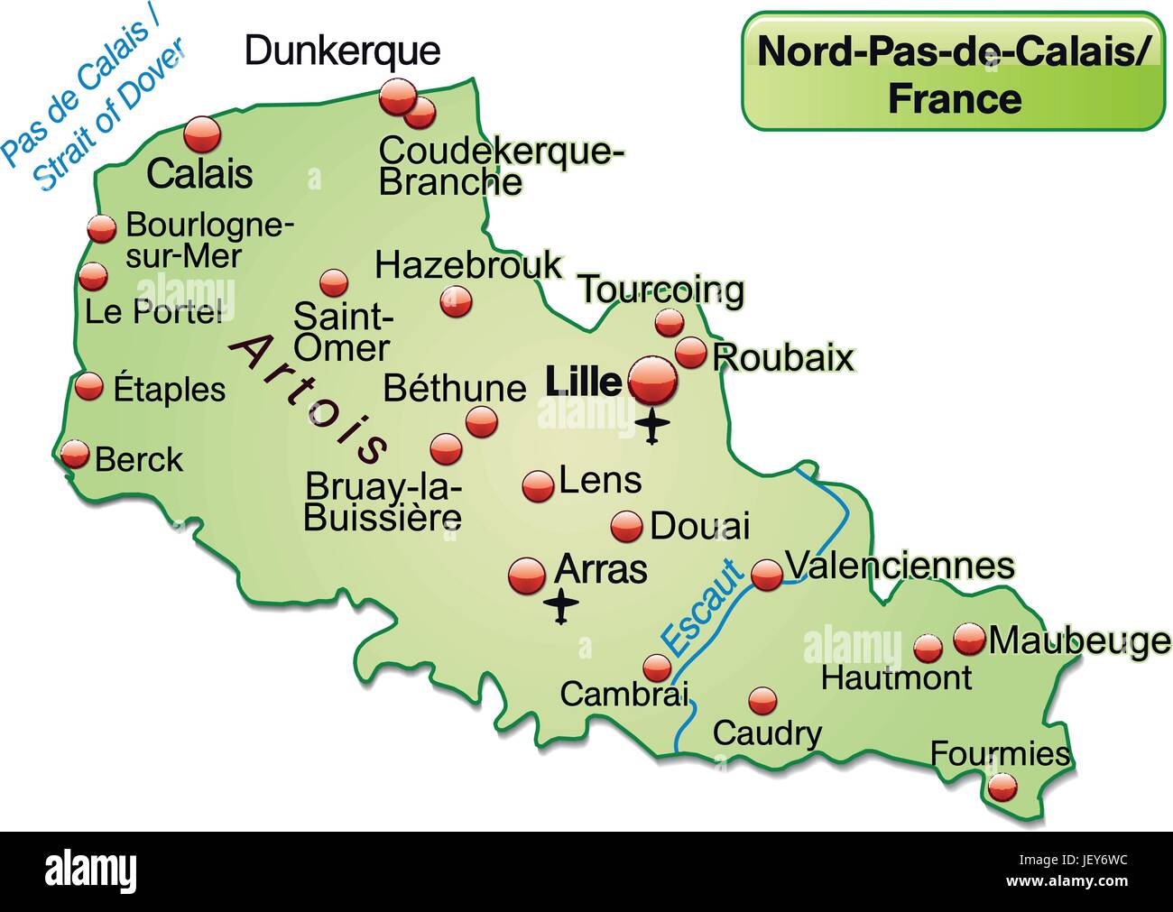 island map of nord-pas-de-calais as an overview map in pastel green Stock Vector