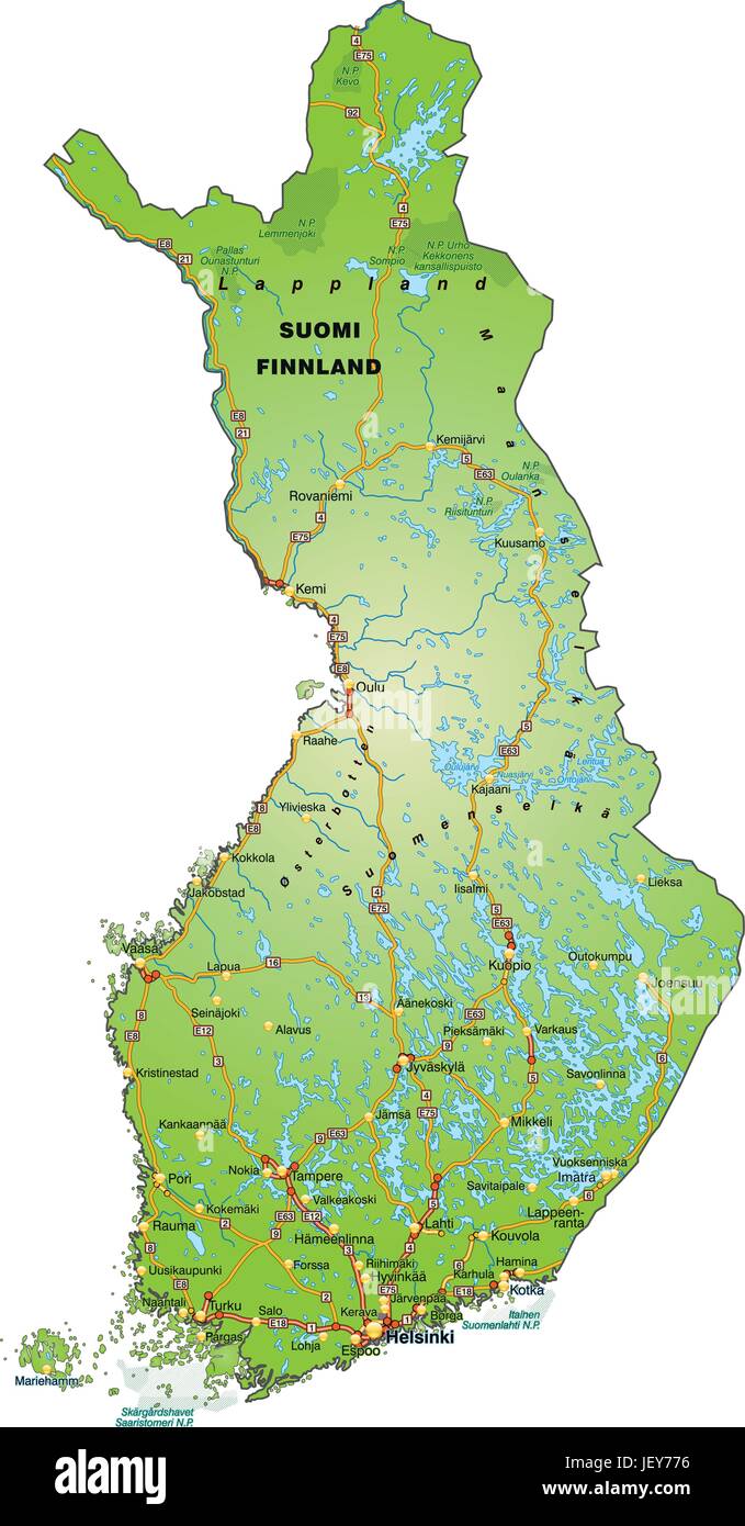 map of finland with transport network Stock Vector