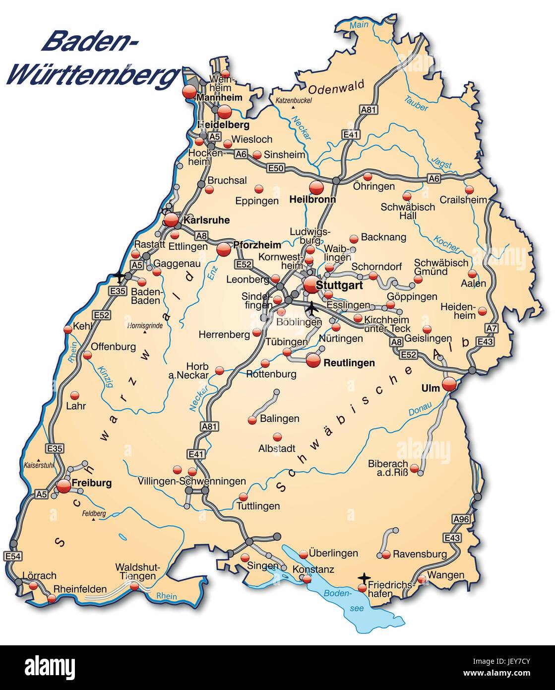 Map Of Baden Wuerttemberg With Transport Network In Pastel Orange JEY7CY 