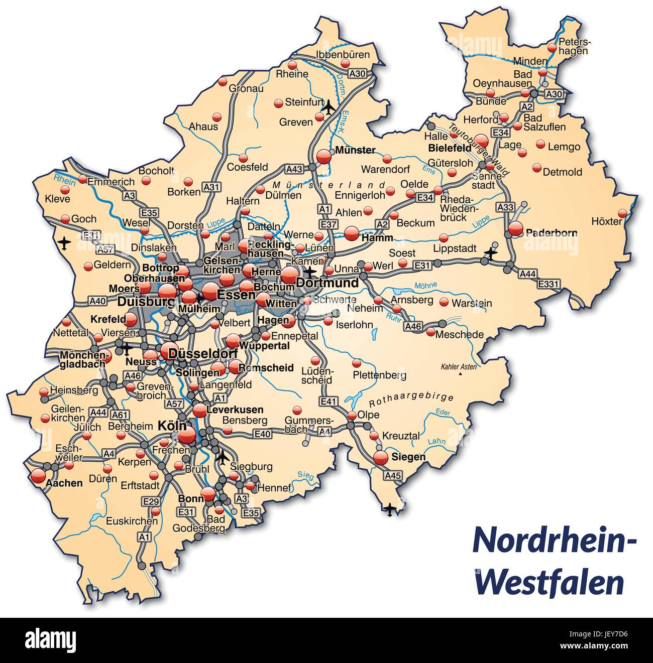 map of north rhinewestphalia with transport network in pastel orange Stock Vector Image & Art