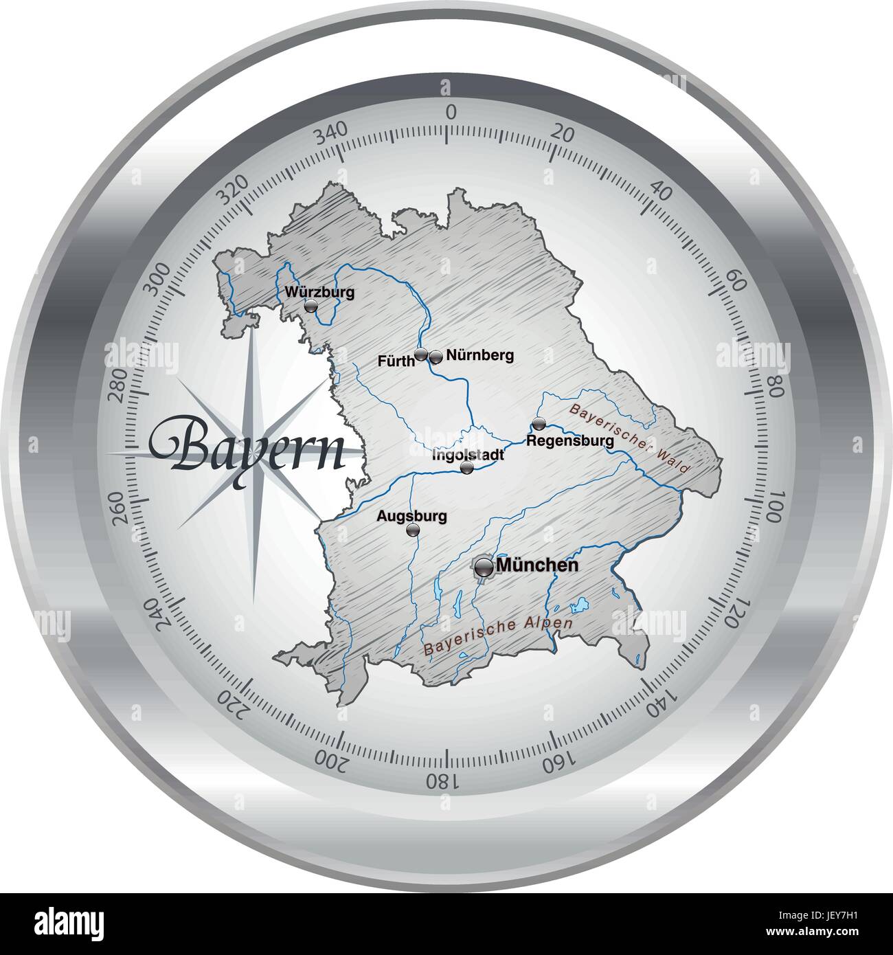 map of bavaria as an overview map in chrome Stock Vector