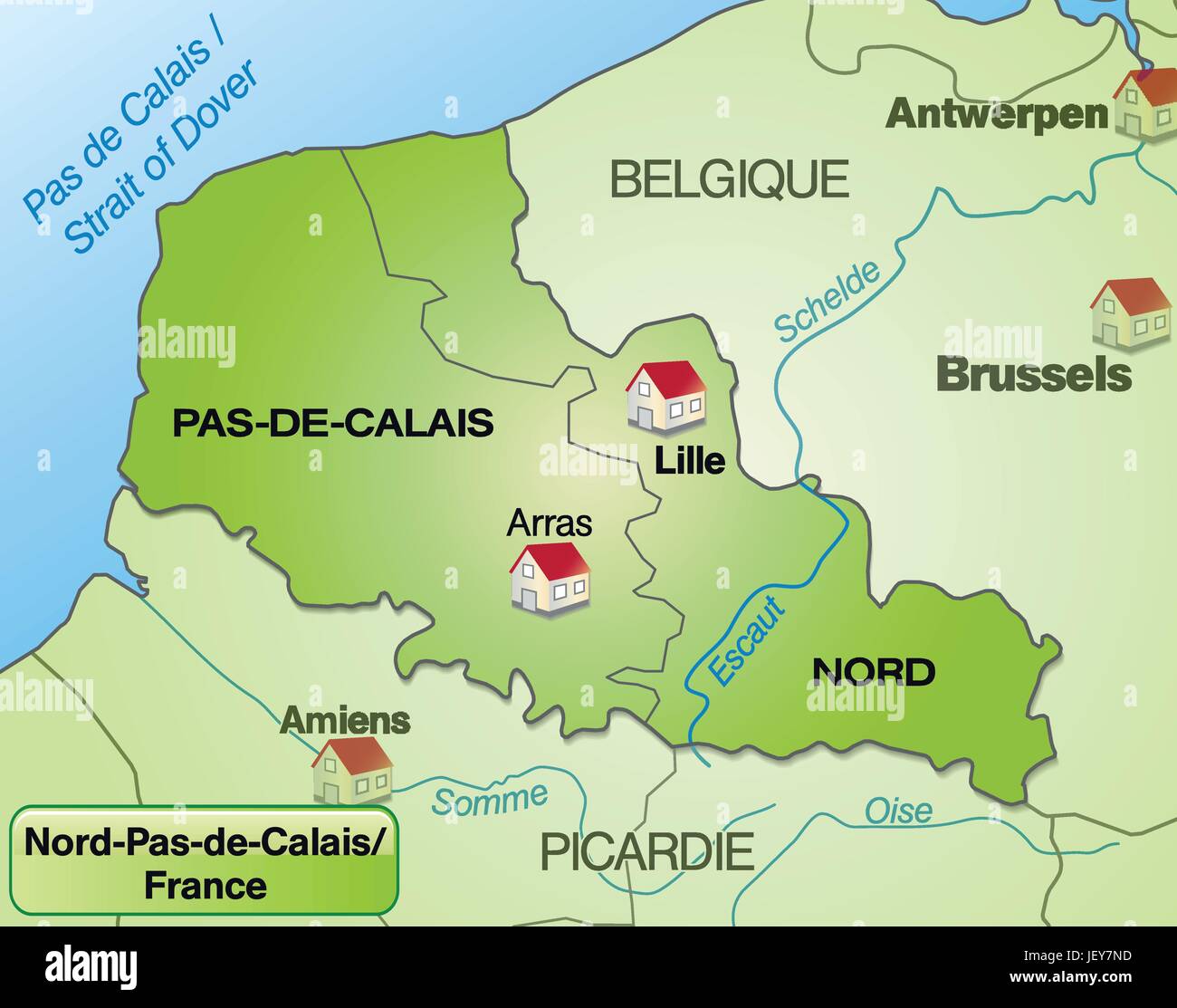 map of nord-pas-de-calais with limits in internet green Stock Vector