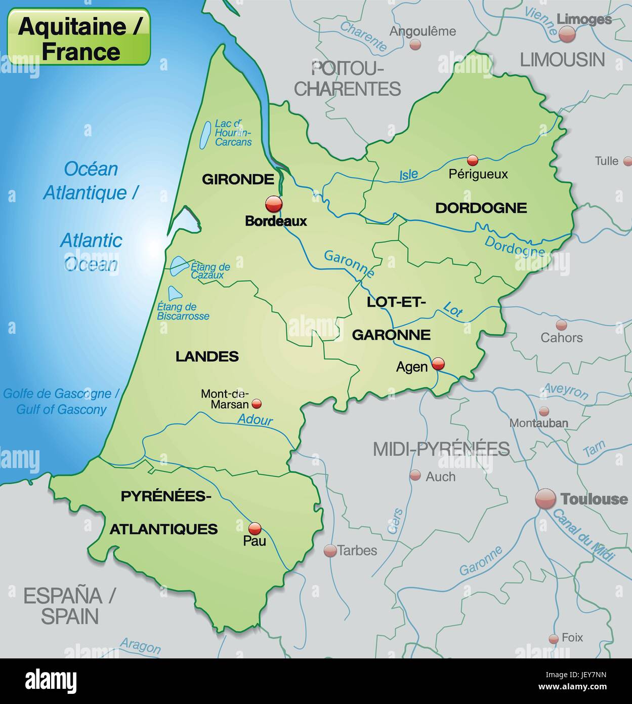 map of aquitaine with borders in pastel green Stock Vector
