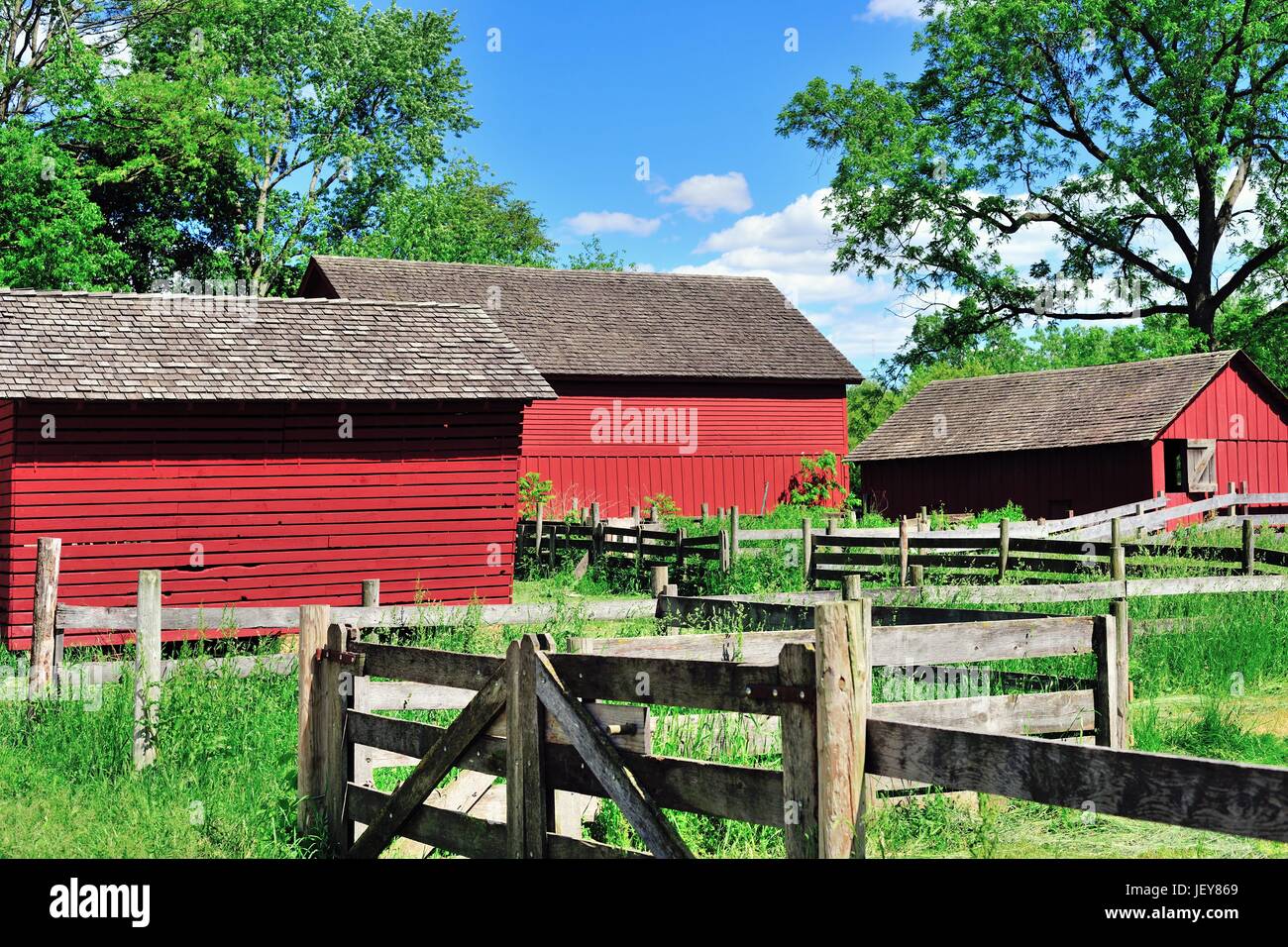 Venerable sheds and farm building at the Volkening Heritage Farm. The site has been preserved as an 1880s farm. Schaumburg, Illinois, USA. Stock Photo