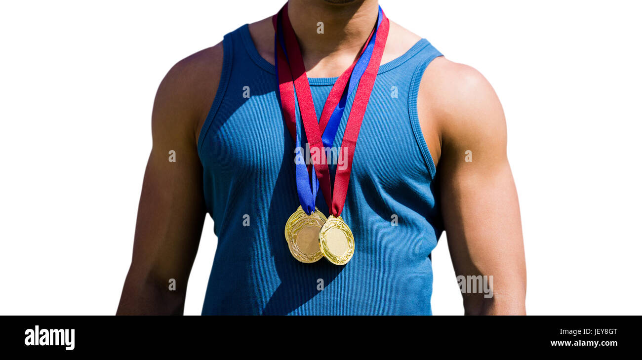 Portrait of sportsman chest with medals Stock Photo