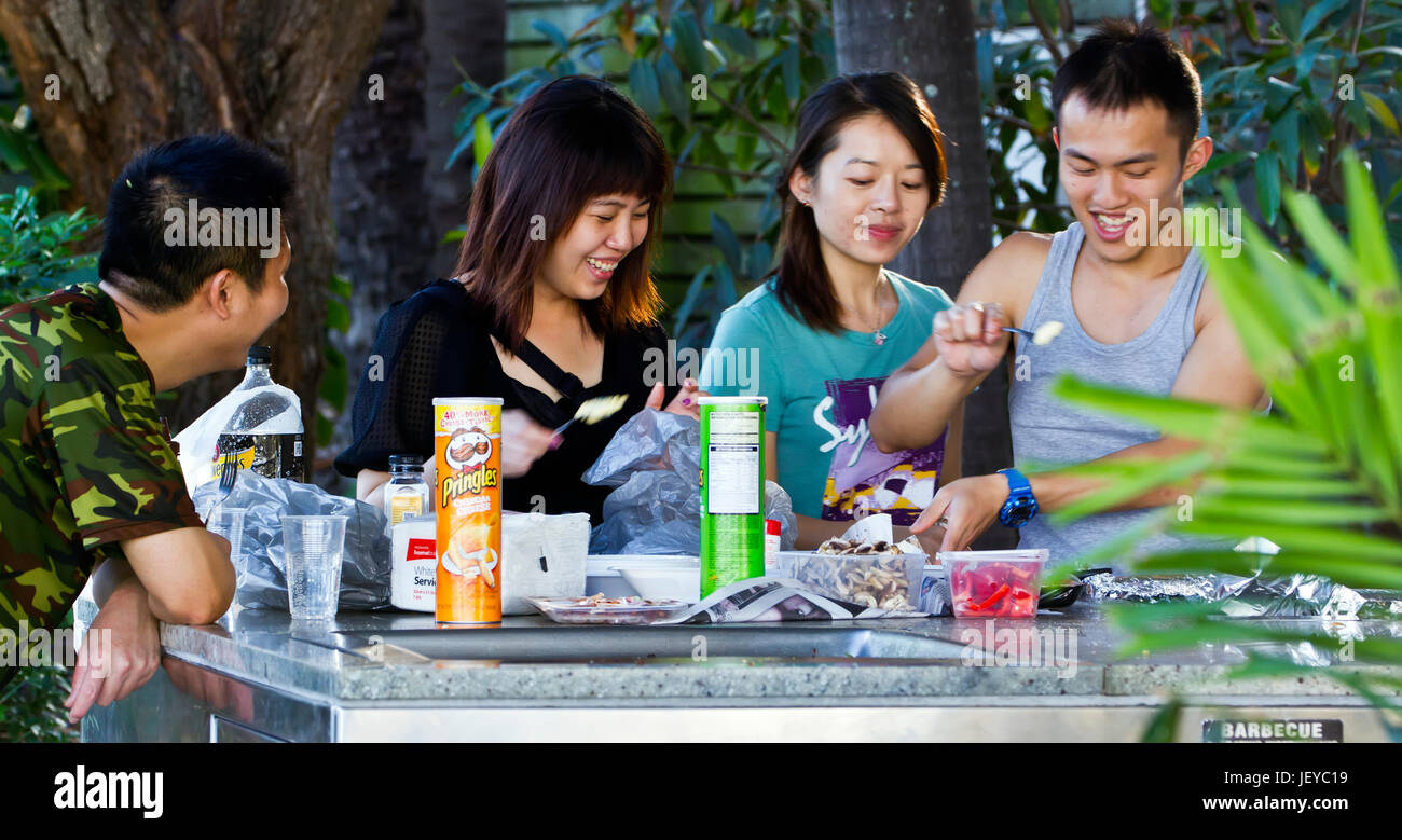 asian couples cooking on electric barbecue Stock Photo