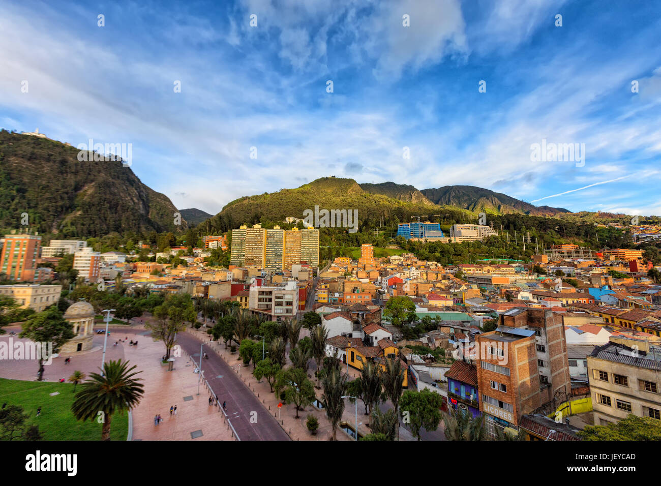 View of Journalist's Park with Monserrate and the candelaria district of Bogota, Colombia. Stock Photo