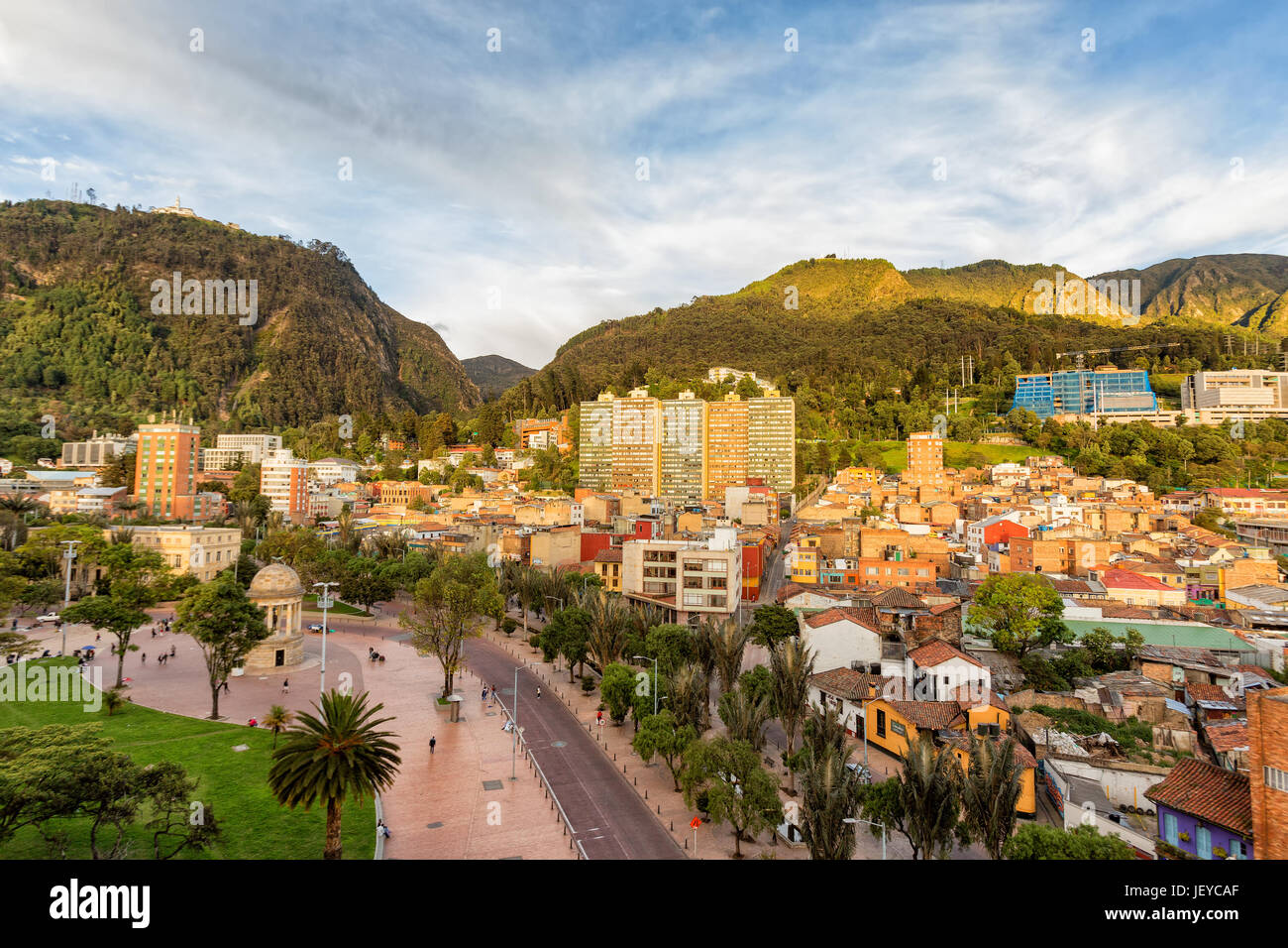 Late afternoon view of Journalist's Park with Monserrate and the candelaria district of Bogota, Colombia. Stock Photo