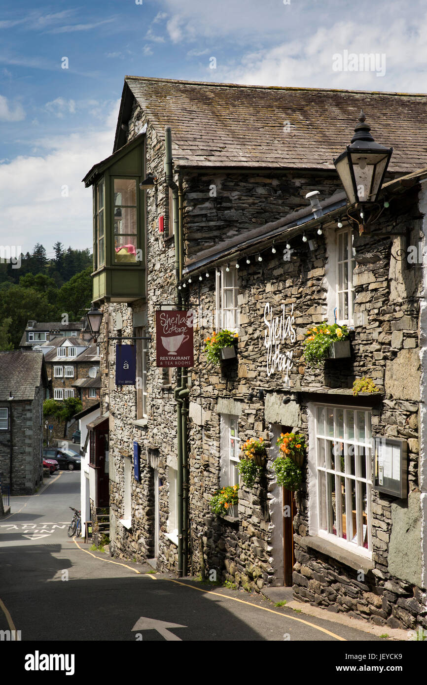 UK, Cumbria, Ambleside, The Slack, businesses in slate-built houses, Sheilas Cottage Restaurant & Tea Room Stock Photo