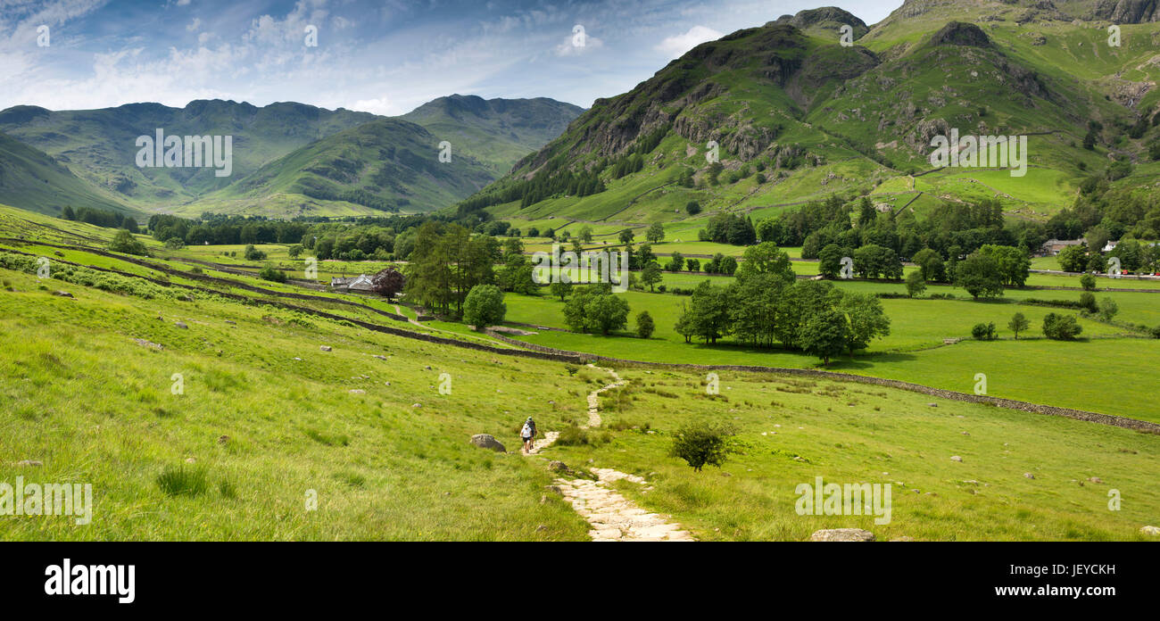 UK, Cumbria, Great Langdale, walkers on Cumbria Way path to Oak Howe from Langdale Fell, panoramic Stock Photo