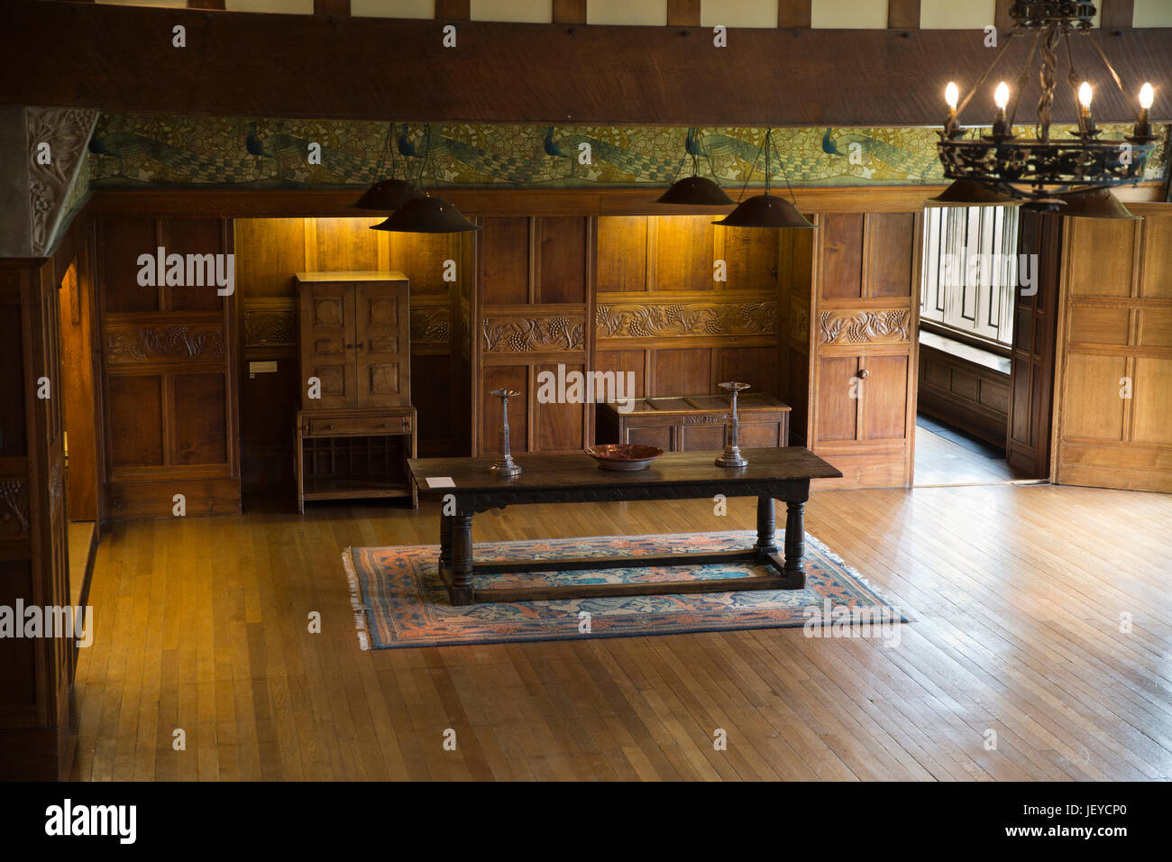 UK, Cumbria, Bowness on Windermere, Blackwell, Arts and Crafts House by Baillie Scott, Main Hall, snooker table alcove Stock Photo