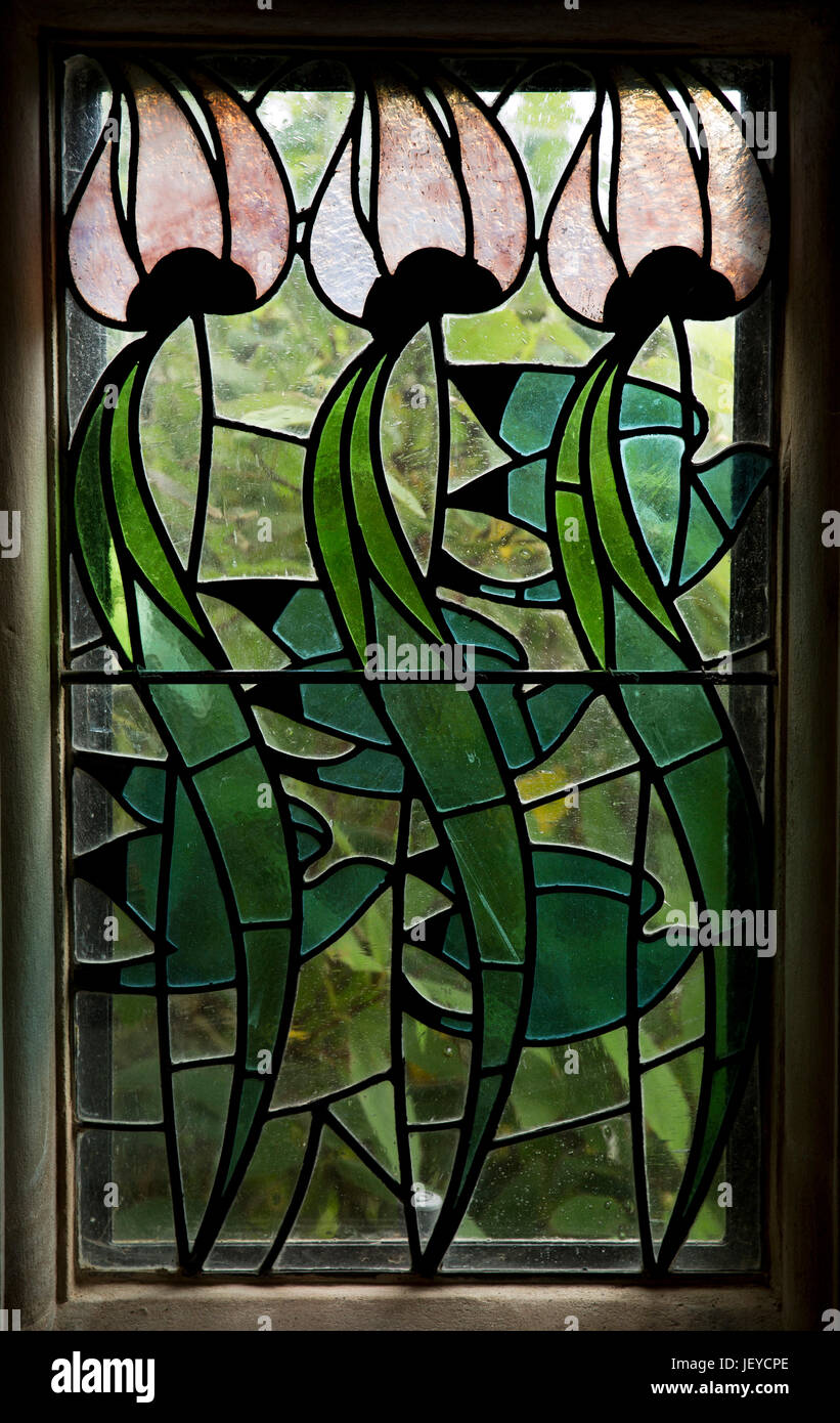 UK, Cumbria, Bowness on Windermere, Blackwell, Arts and Crafts House, leaded stained glass panel in porch Stock Photo