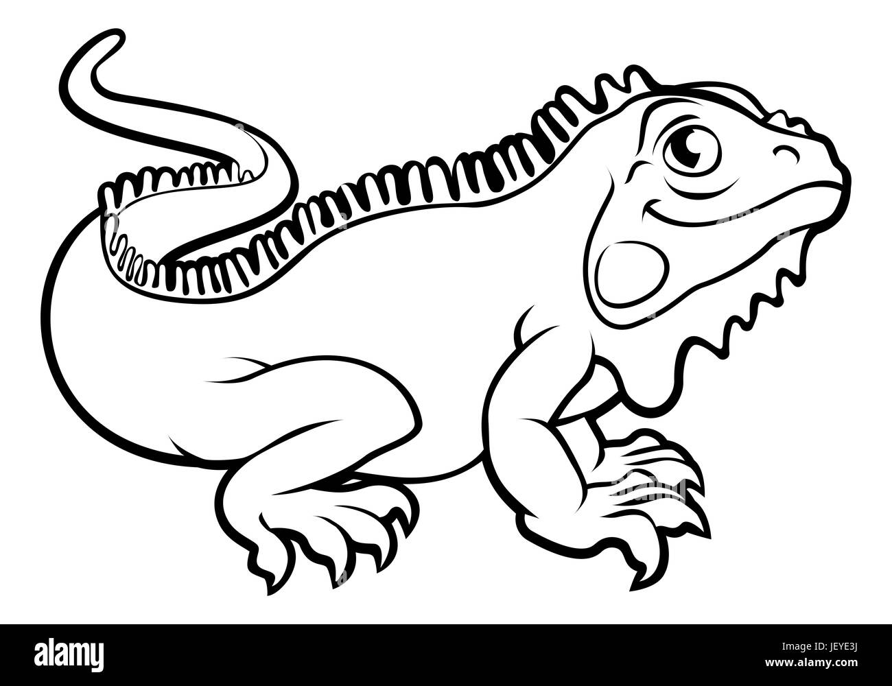 an iguana lizard cartoon character outline coloring illustration JEYE3J