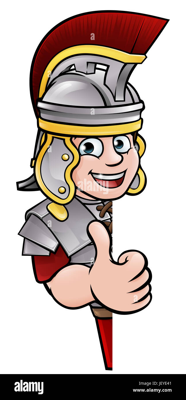 Cartoon ancient Roman soldier peeking around a sign and giving a thumbs up Stock Photo