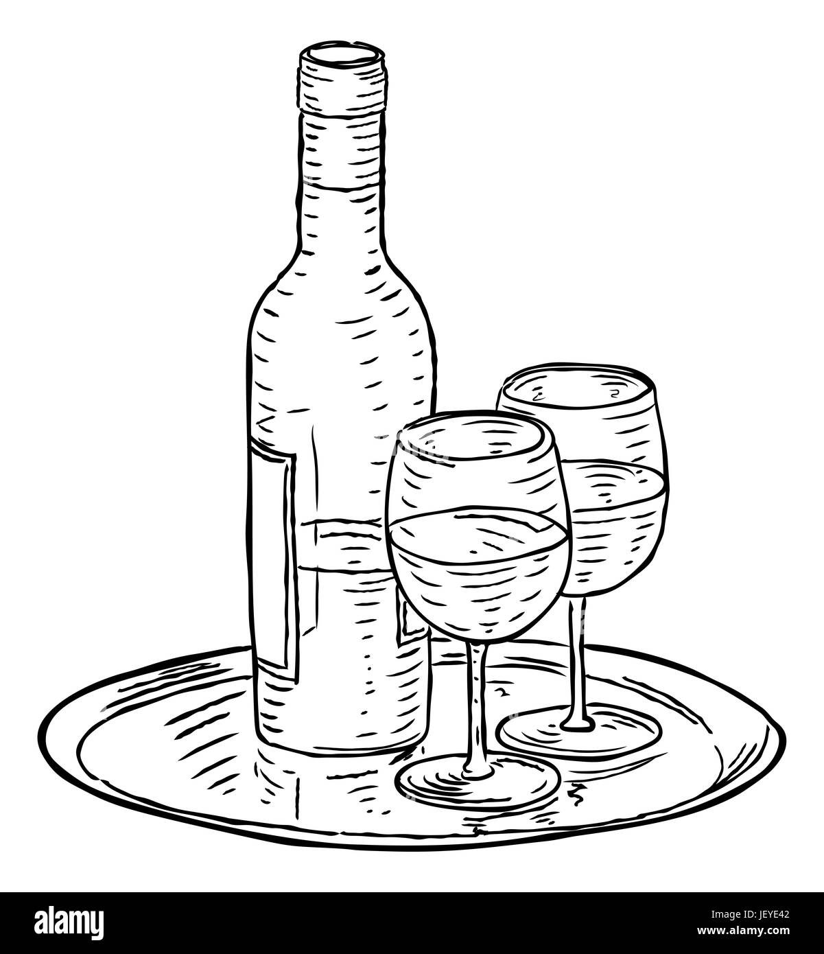 A bottle of wine and two glasses on a tray hand draw in a retro vintage woodcut engraved or etched style. Stock Photo
