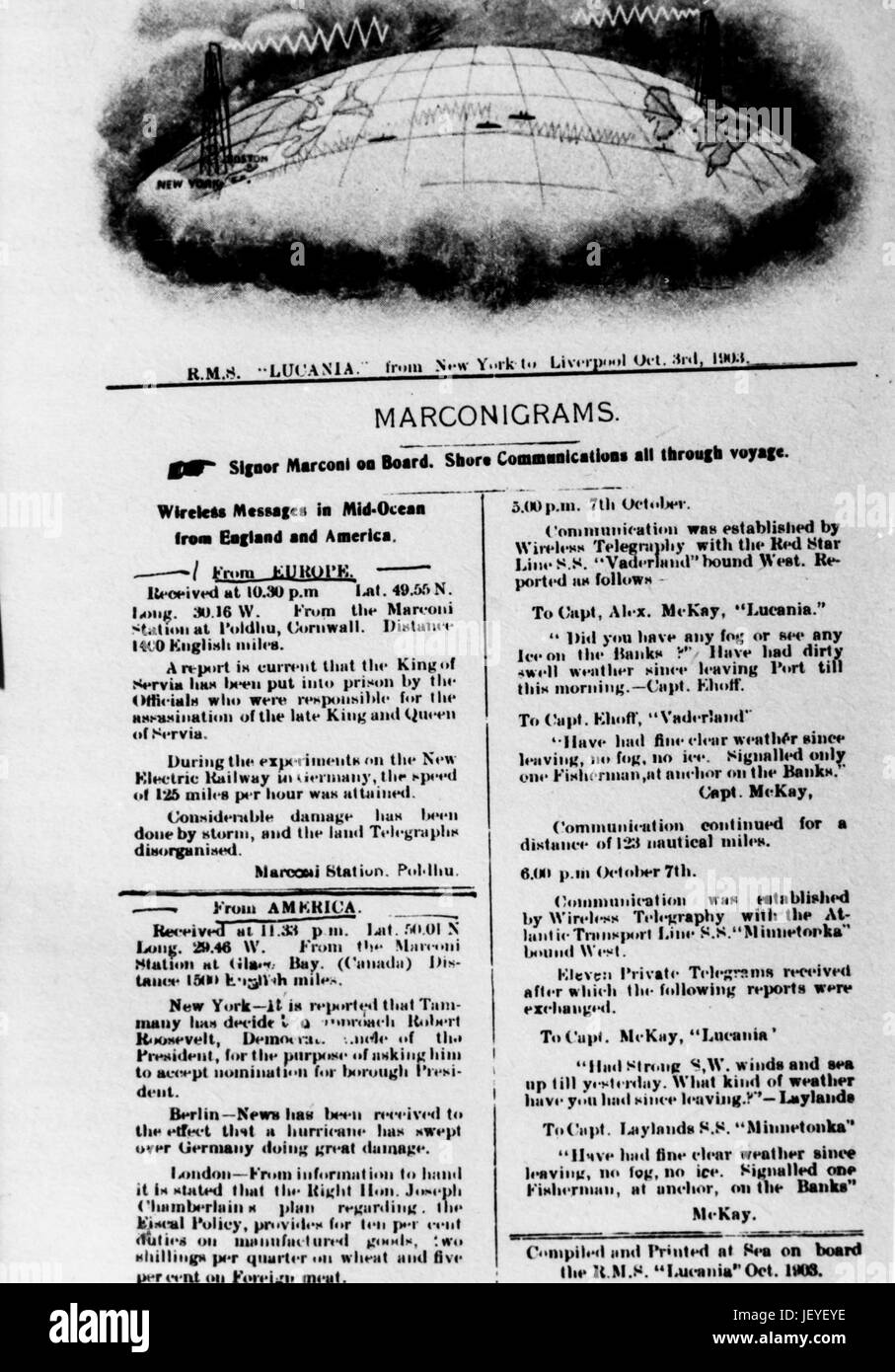 marconigram, first bulletin Press news received by radio, published by guglielmo marconi from lucania ship, 1903 Stock Photo