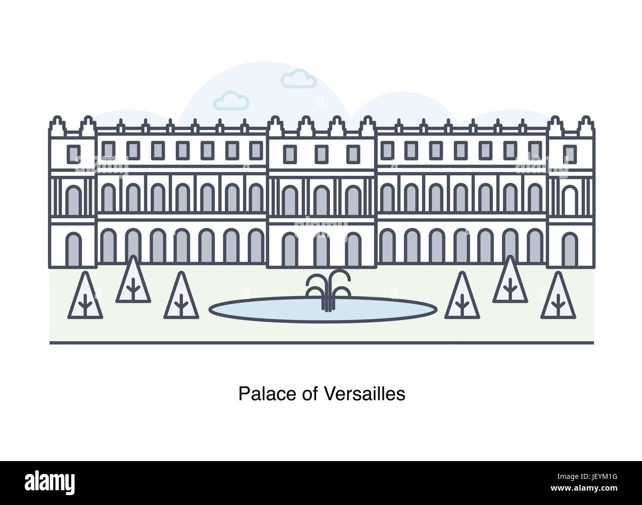 Vector line illustration of Palace of Versailles, Paris, France. Stock Vector