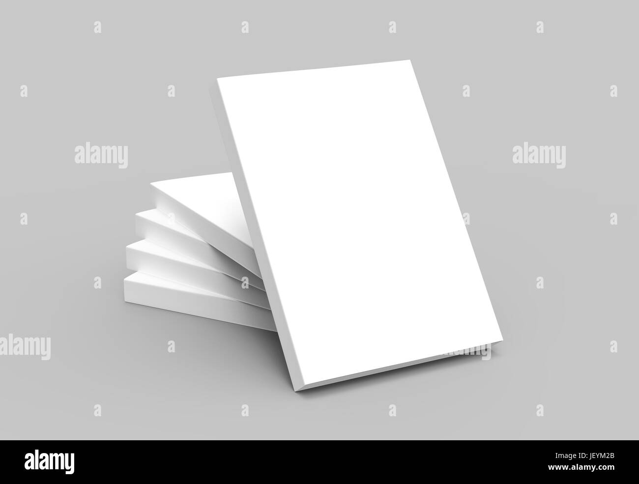 one right tilt book leaning on four stacking blank right tilt books placed in helical shape, all closed isolated gray background, 3d rendering elevate Stock Photo