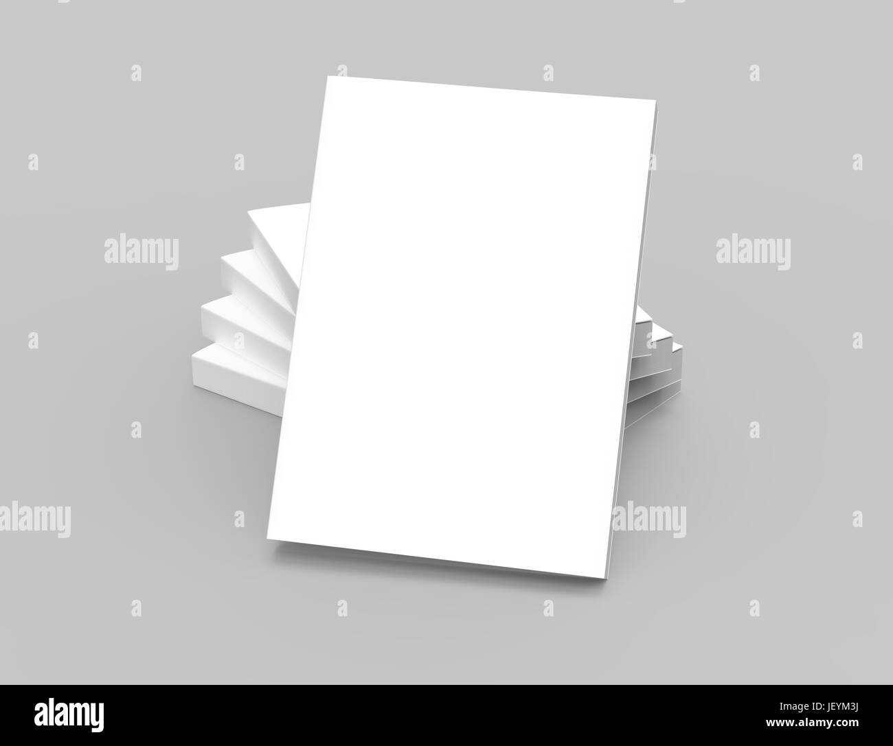 one left tilt book leaning on four stacking blank right tilt books placed in helical shape, all closed isolated gray background, 3d rendering elevated Stock Photo