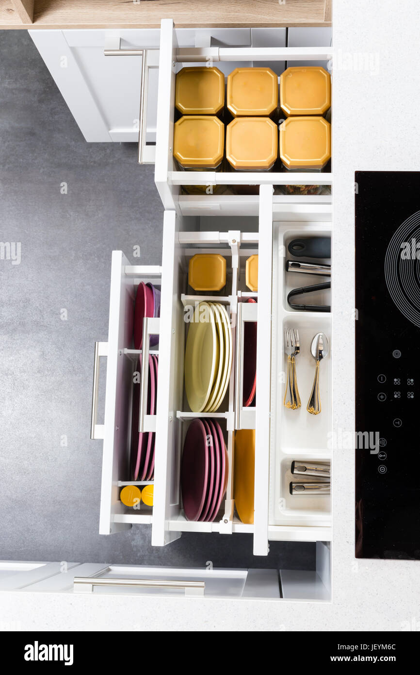 Top View Of Organized Kitchen Drawers And Electric Kitchen Stove