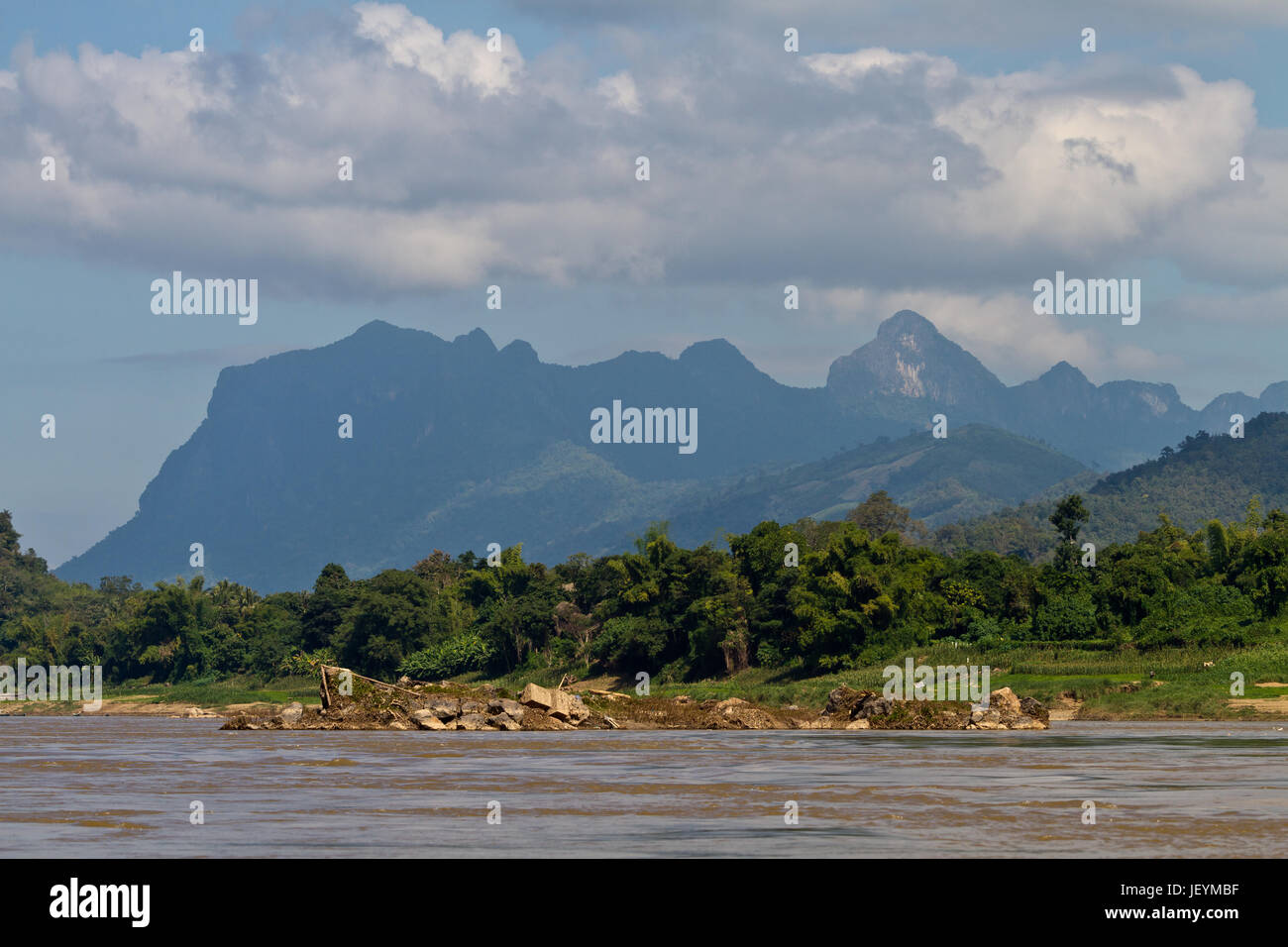 Bird's view of Nam Khan river with mountains in the background Luang Prabang,Laos Stock Photo