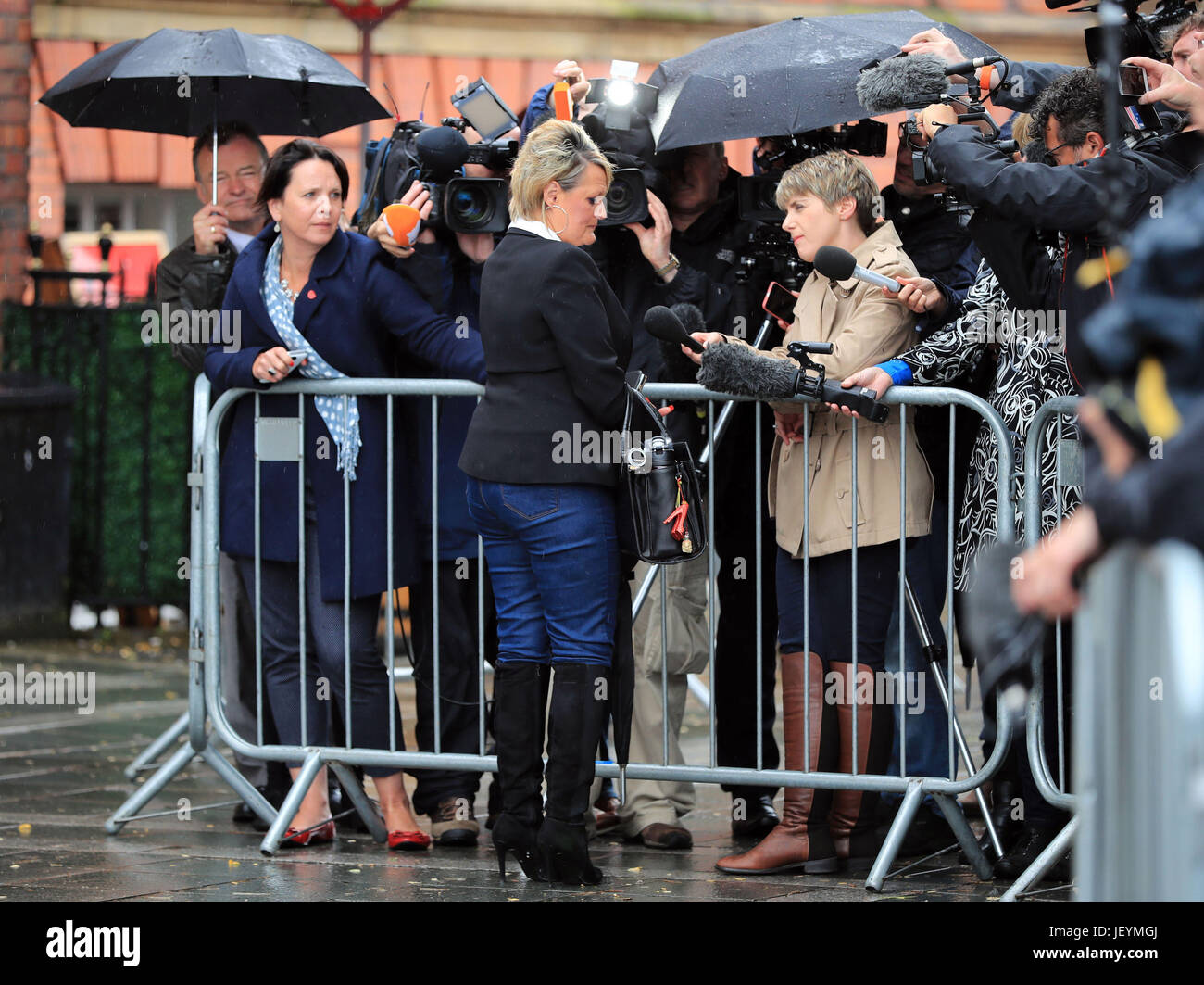 Louise Brookes speaks to the media outside Parr Hall, Warrington, where the Crown Prosecution Service said Hillsborough match commander David Duckenfield, former chief constable Sir Norman Bettison and four other individuals have been charged with offences relating to the Hillsborough disaster. Stock Photo