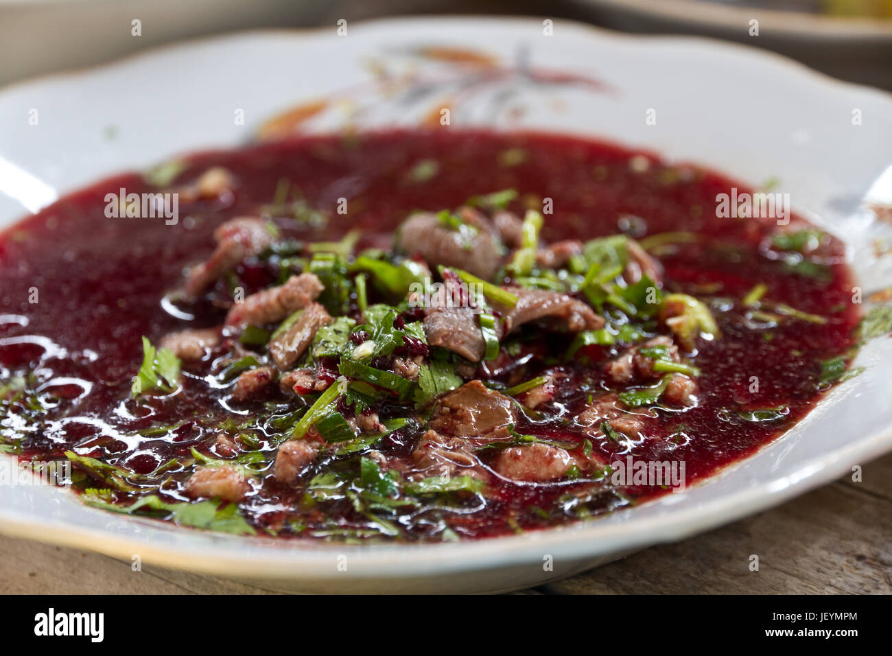 Sok Lek,Raw Beef and duck Blood in North East or Isaan Local Food in