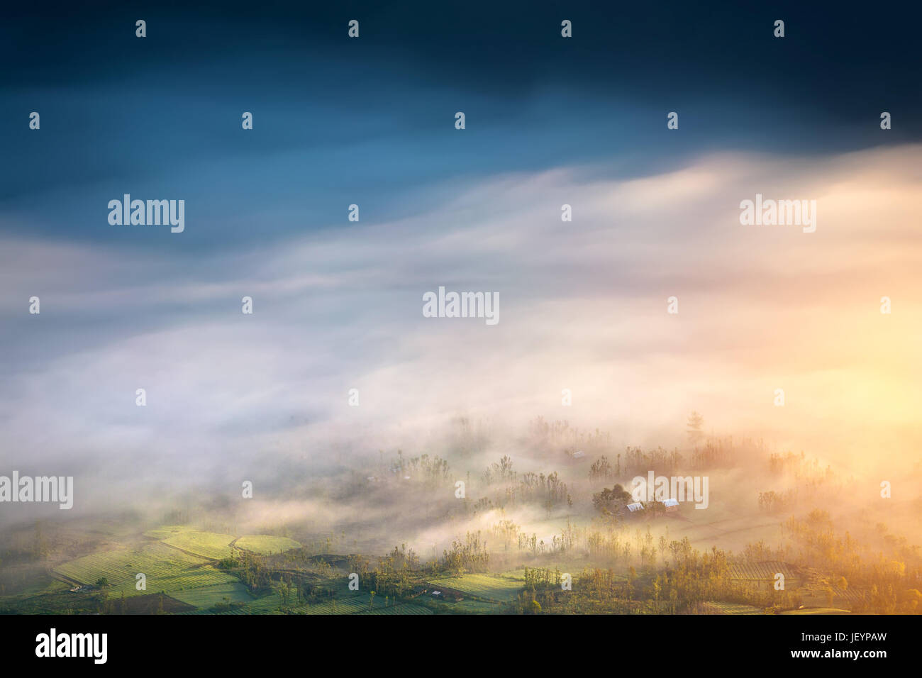 Beautiful sunrise view from the top. Green misty meadow covered with morning fog and clouds. Stock Photo