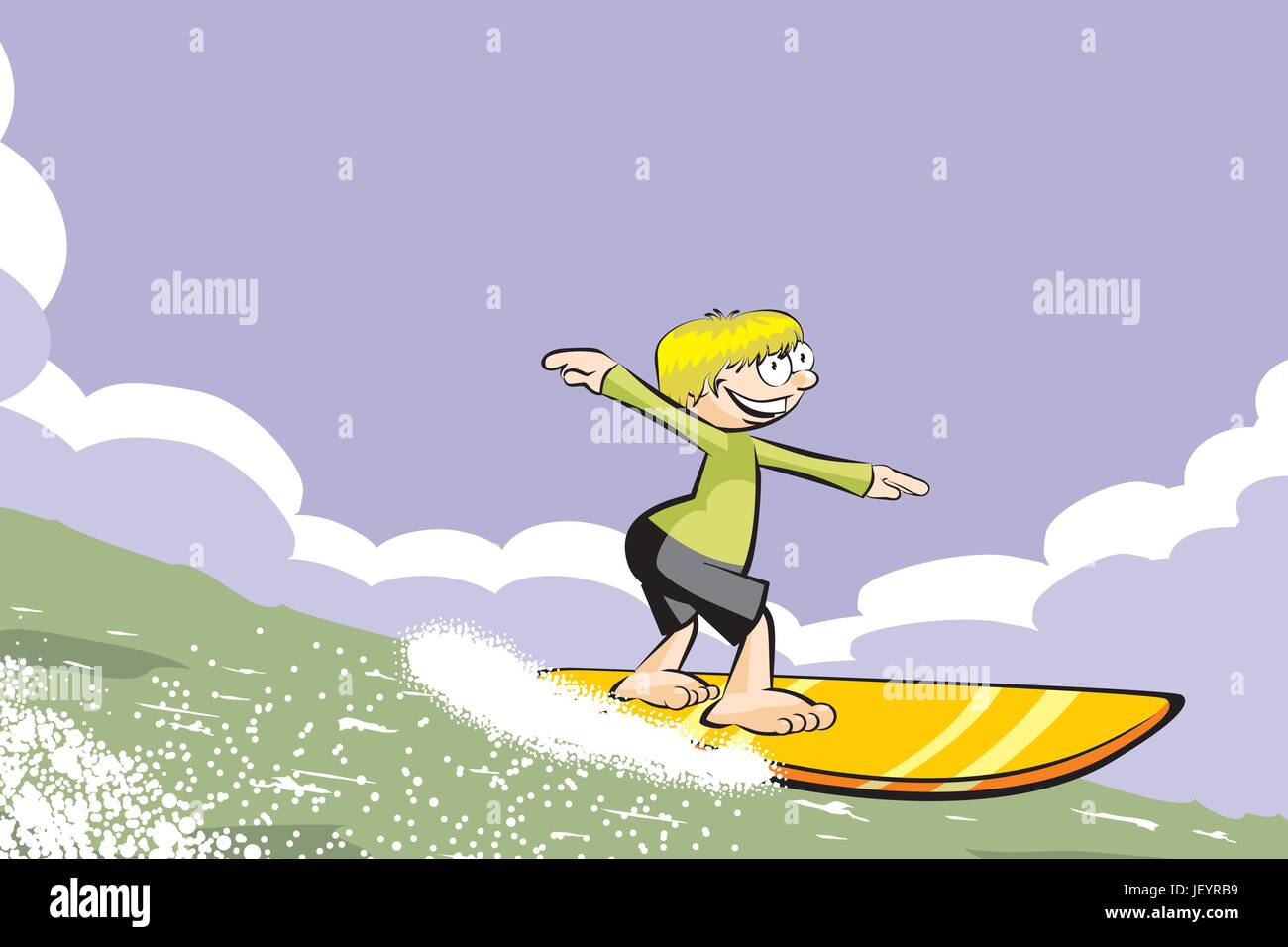 Surfer boy on surfboard riding the wave. Conceptual vector illustration ...