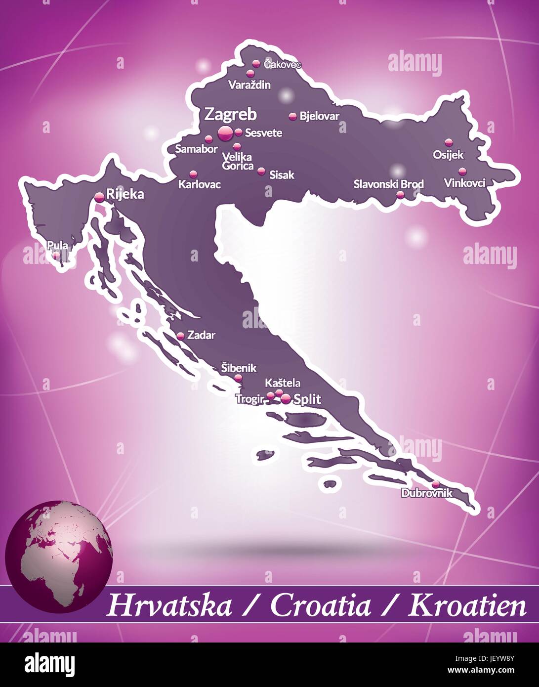 island map of croatia abstract background in purple Stock Vector
