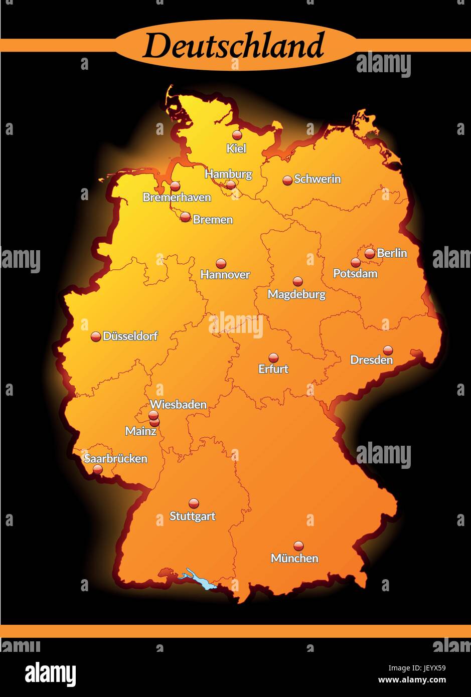 island map of germany with capitals in orange Stock Vector