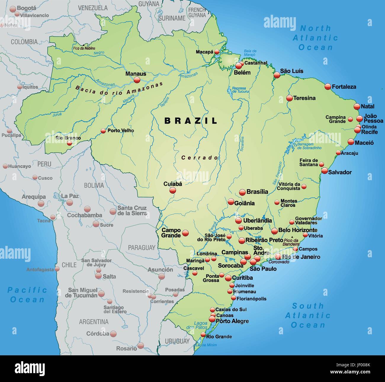 map of brazil as an overview map in pastel green Stock Vector
