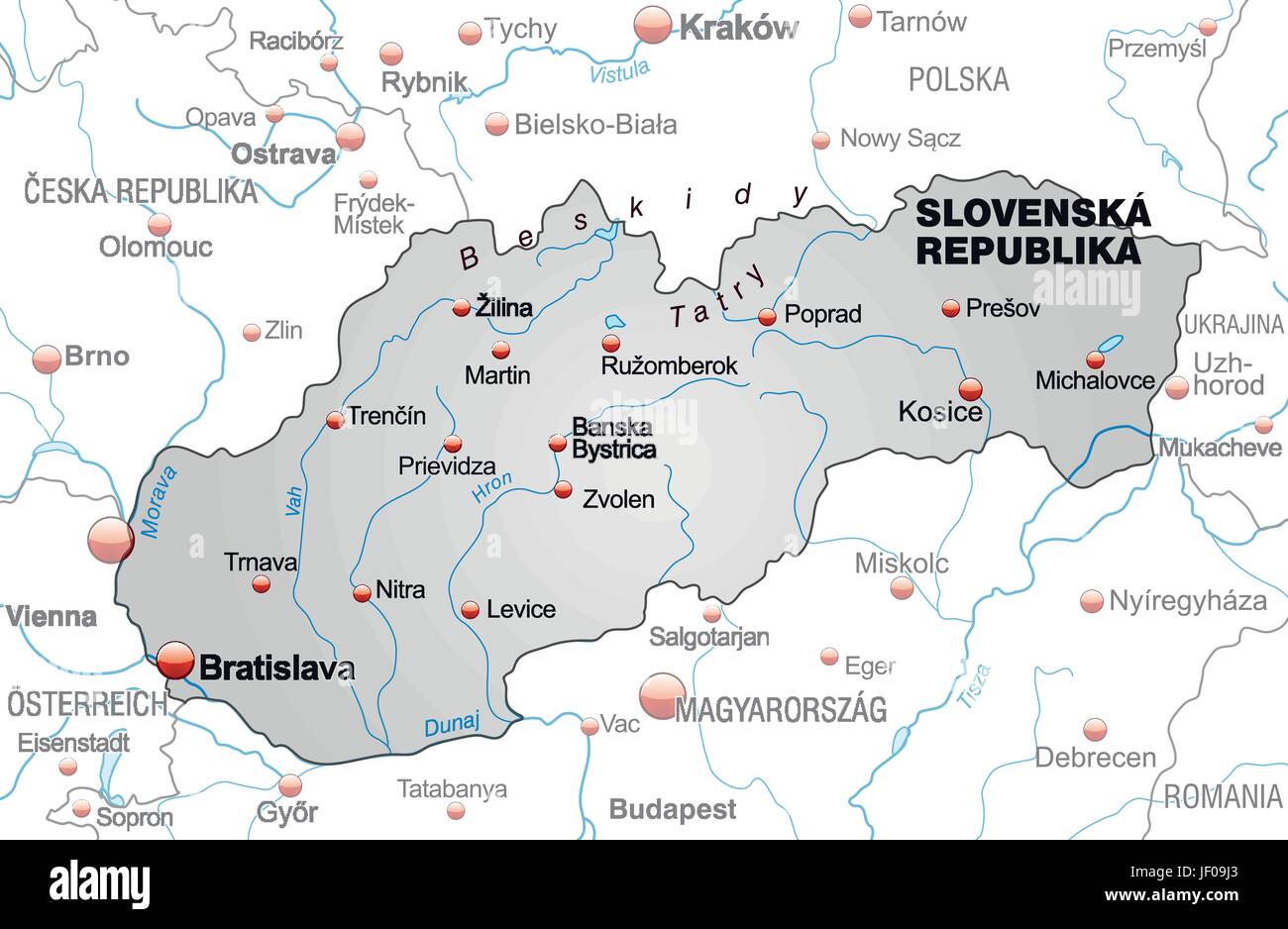 map of slovakia as an overview map in gray Stock Vector