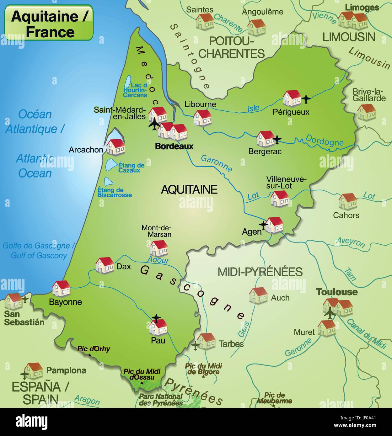 map of aquitaine as an overview map in a pictorial representation Stock