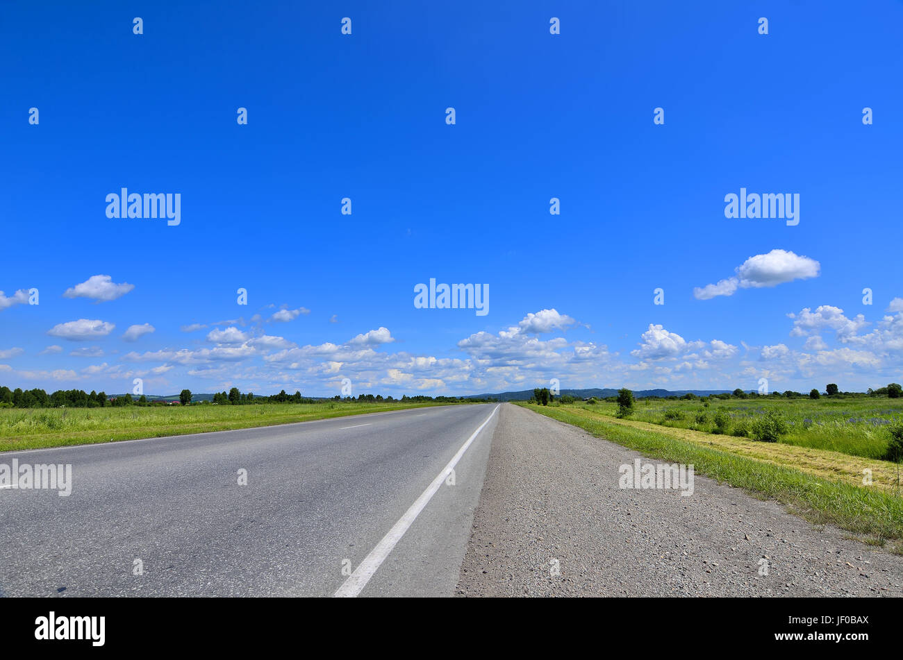 Straight empty road running to horizon Stock Photo