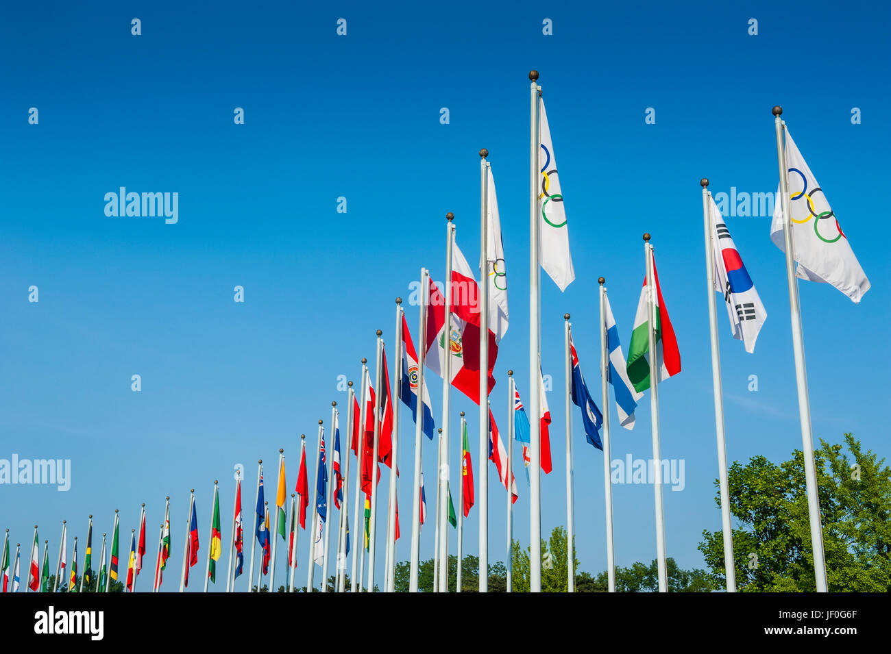 Monument with flags at the Olympic park, Seoul, South Korea Stock Photo