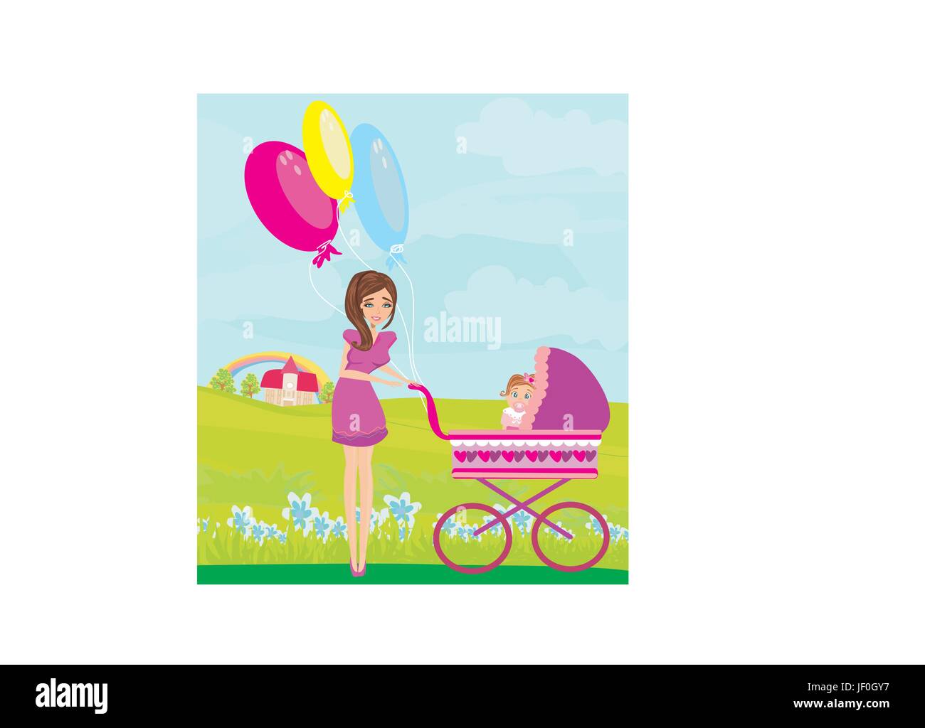 beautiful girl pushing a stroller with her daughter Stock Vector