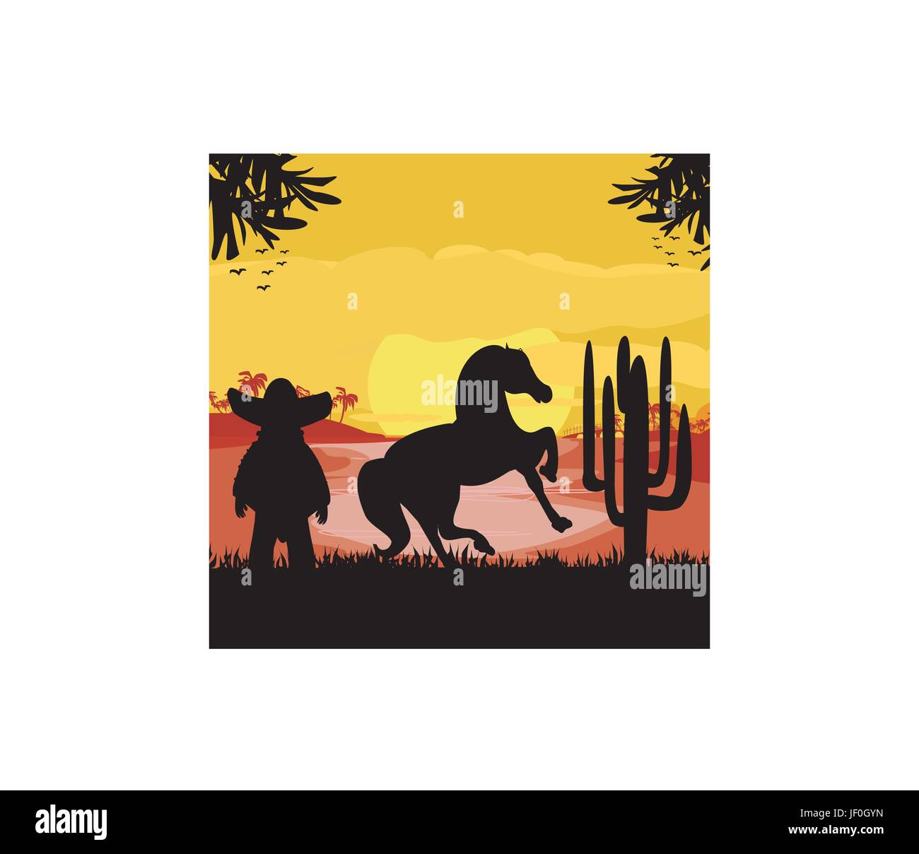 man in a sombrero and his horse in desert sunset Stock Vector