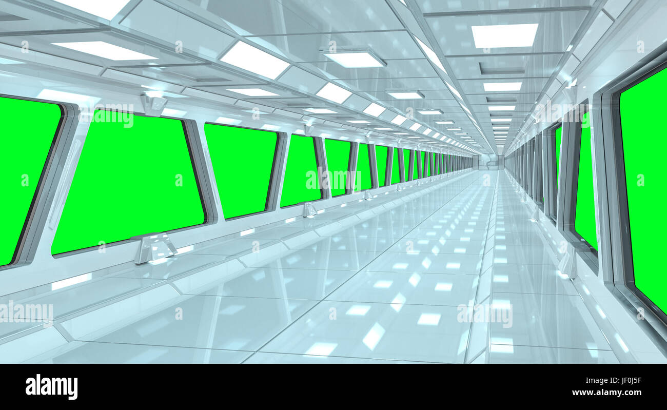 Spaceship white corridor with view on a green window 3D rendering Stock Photo