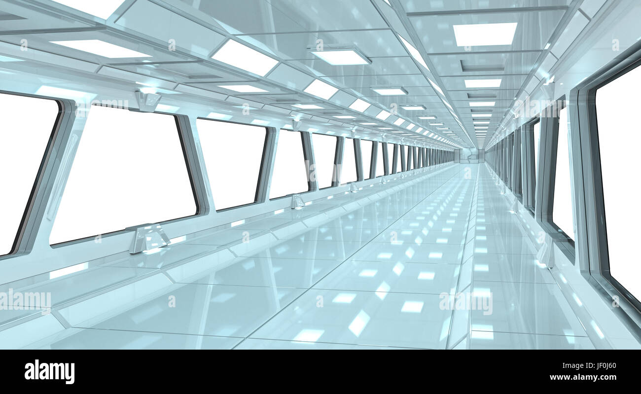 Spaceship white corridor with view on a white window 3D rendering Stock Photo