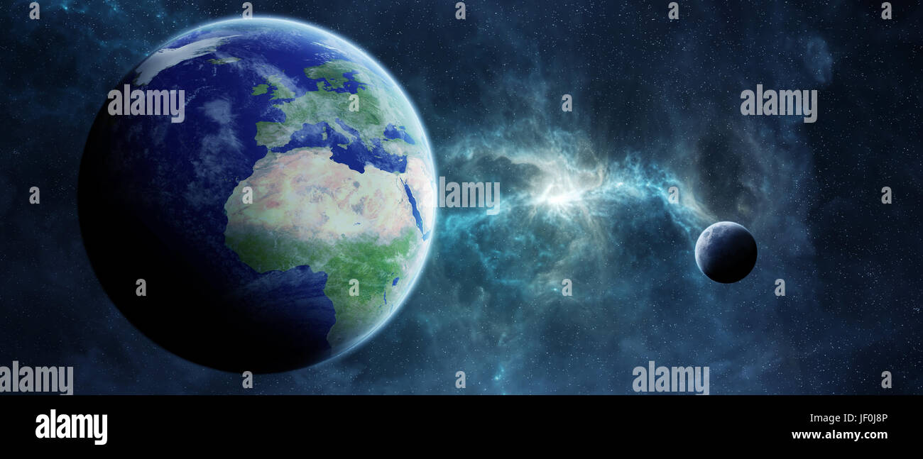 View of the planet Earth from space during a sunrise 3D rendering ...