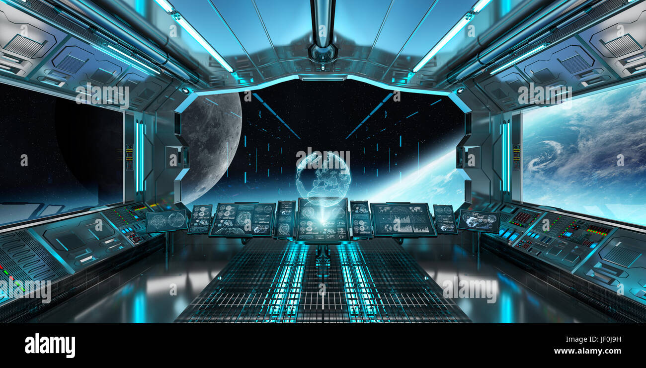 Spaceship Interior With View On Space And Planet Earth 3d