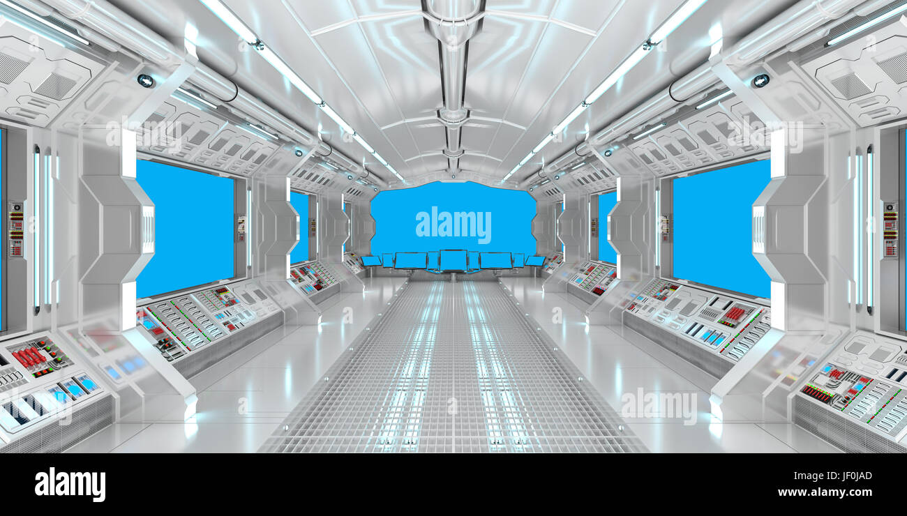 Spaceship interior with view on blue windows 3D rendering elements of this image furnished by NASA Stock Photo