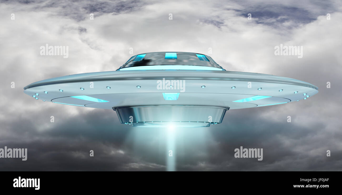 Metal and silver vintage UFO flying on cloudy sky 3D rendering Stock Photo