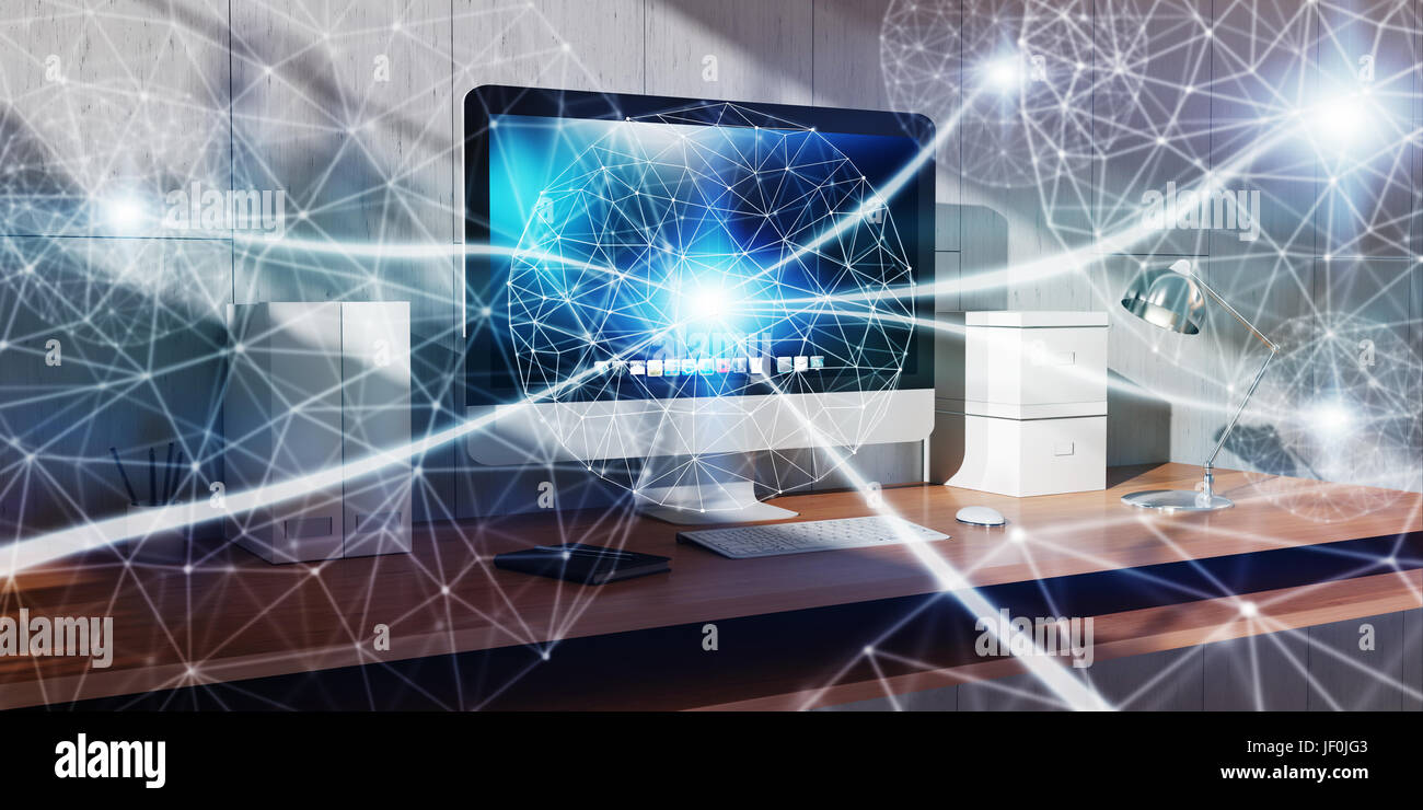 Floating white and blue glowing dot network on desktop interior 3D rendering Stock Photo