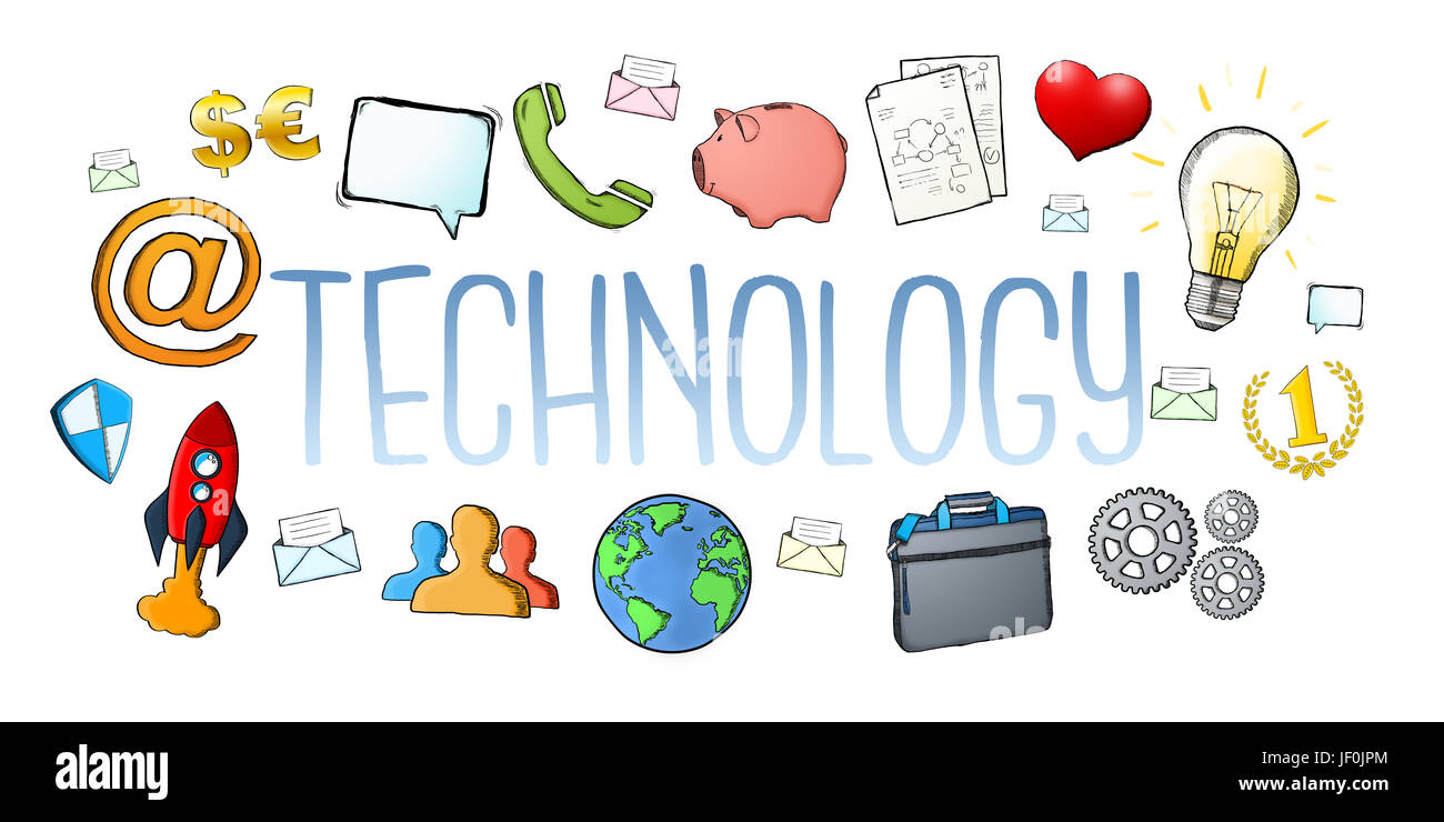 Hand-drawn multimedia technology digital text with icons on white background Stock Photo