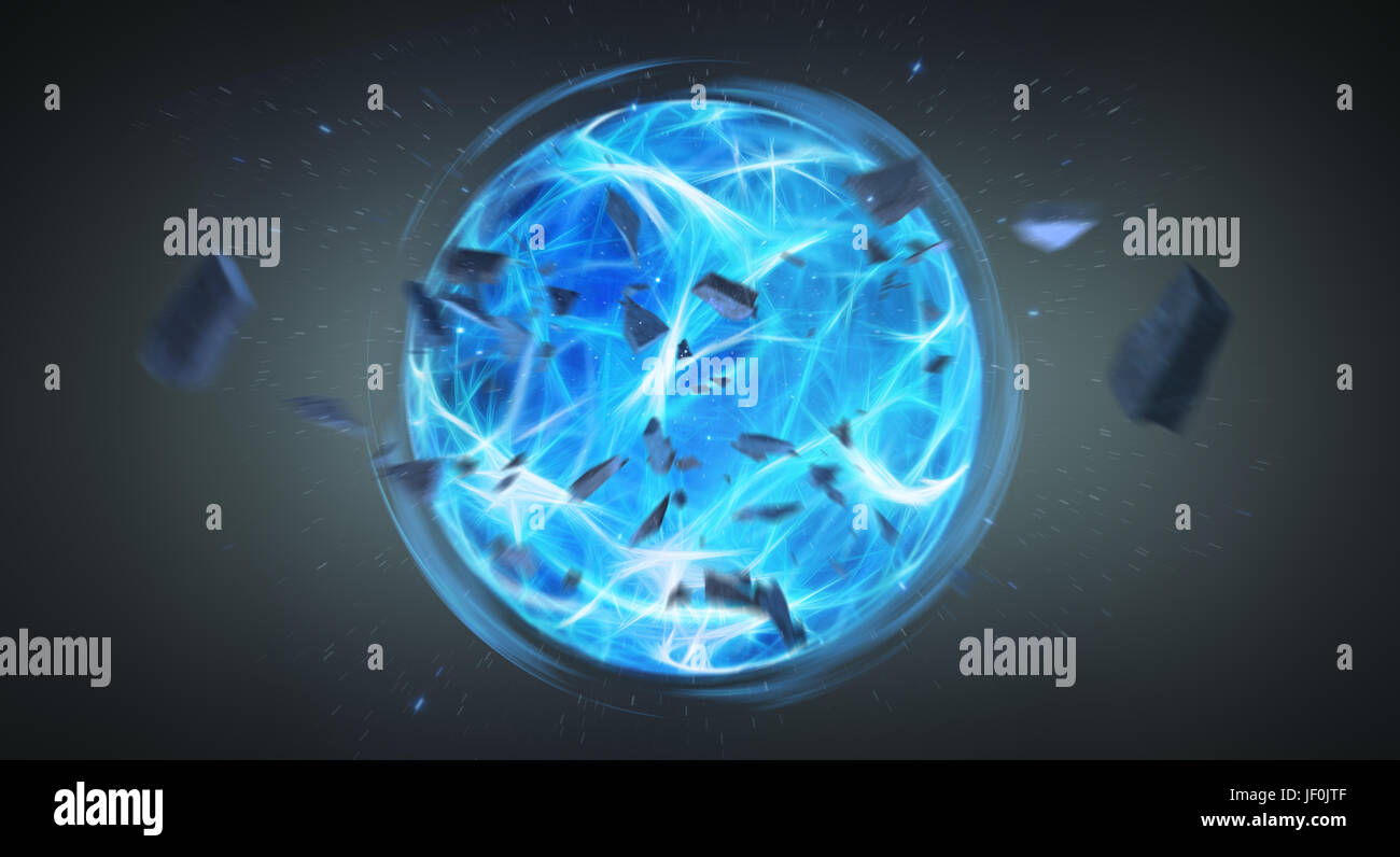 Digital blue exploding superpower ball on dark background 3D rendering Stock Photo